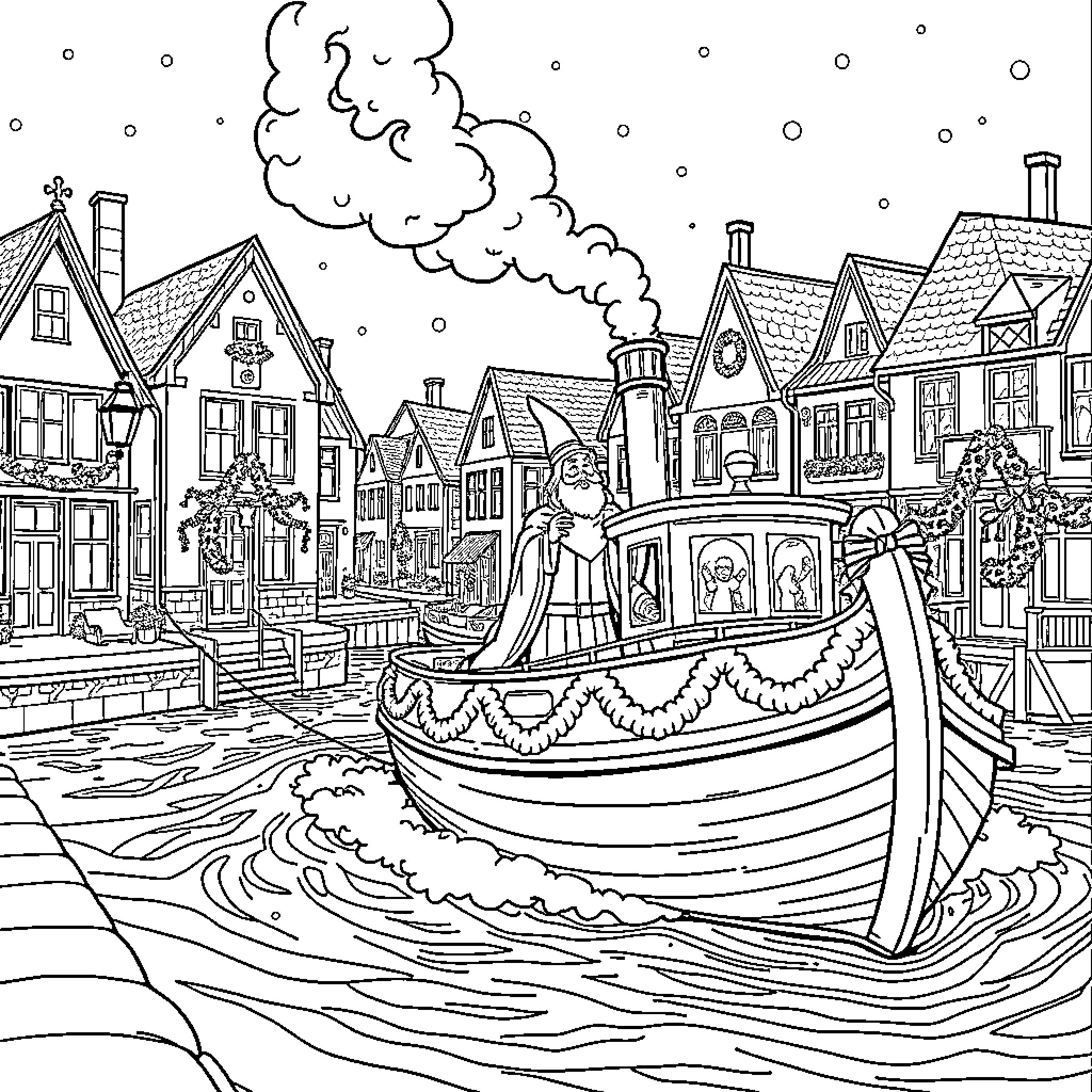 Saint Nicolas in a Festive Boat Parade Coloring Page (free black-and-white line drawing printable PDF for all, from beginners to advanced learners, including children, teens, adults, and seniors)