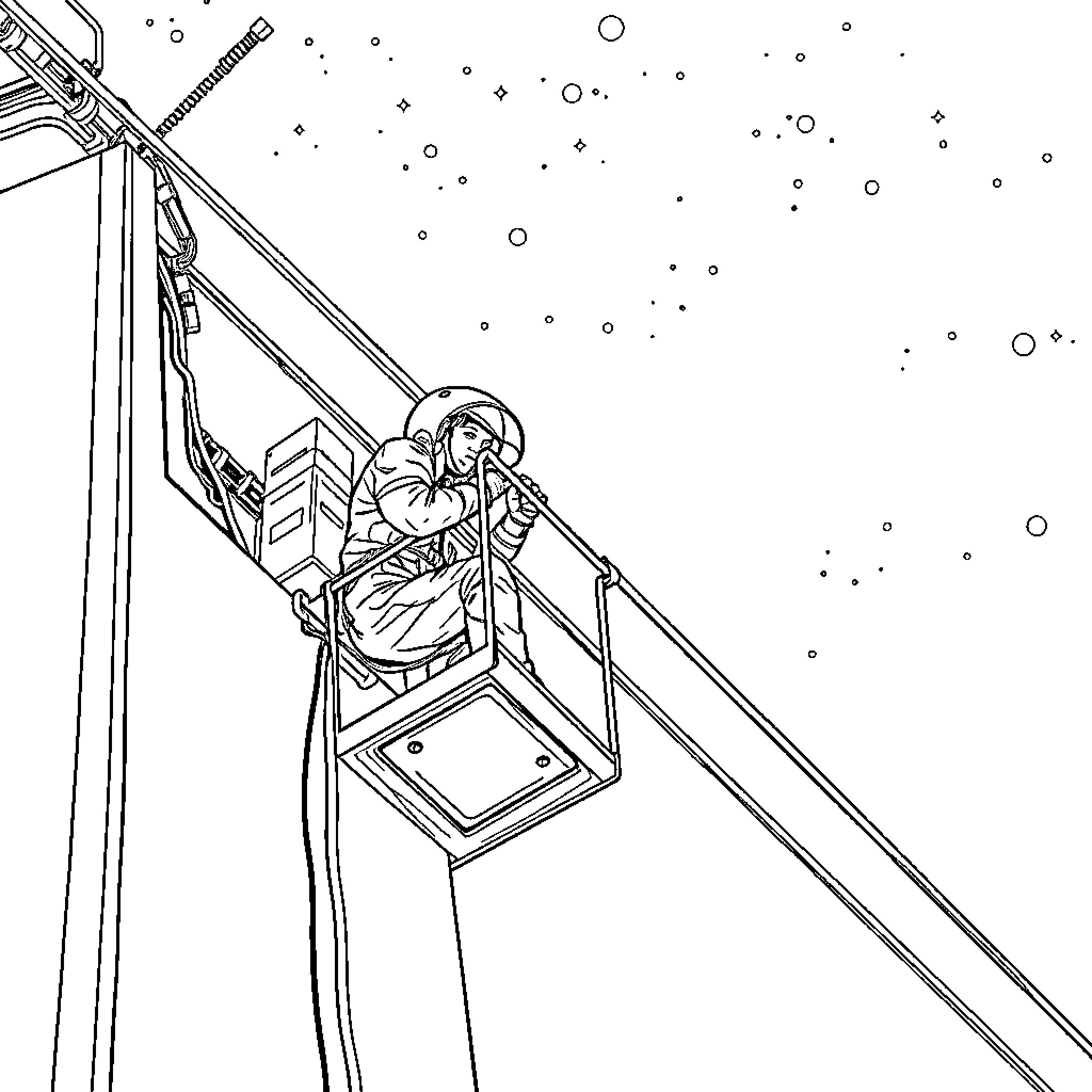 Agent Ascending a Crane in the Starry Night Coloring Page (free black-and-white line drawing printable PDF for all, from beginners to advanced learners, including children, teens, adults, and seniors)