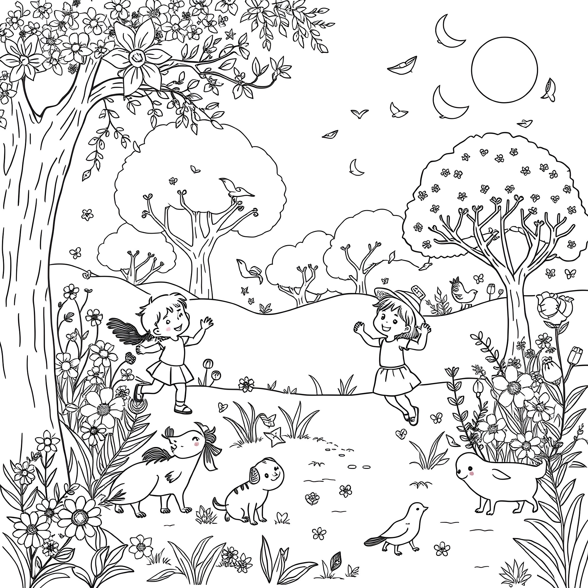 Alphabet Nature Scene with Playful Children and Animals Coloring Page (free black-and-white line drawing printable PDF for all, from beginners to advanced learners, including children, teens, adults, and seniors)