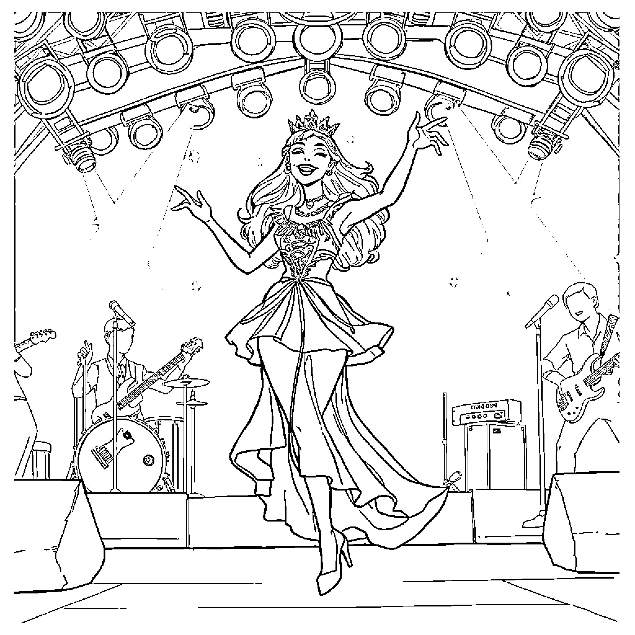 K Pop Star Performing on Stage with Band Coloring Page (free black-and-white line drawing printable PDF for all, from beginners to advanced learners, including children, teens, adults, and seniors)