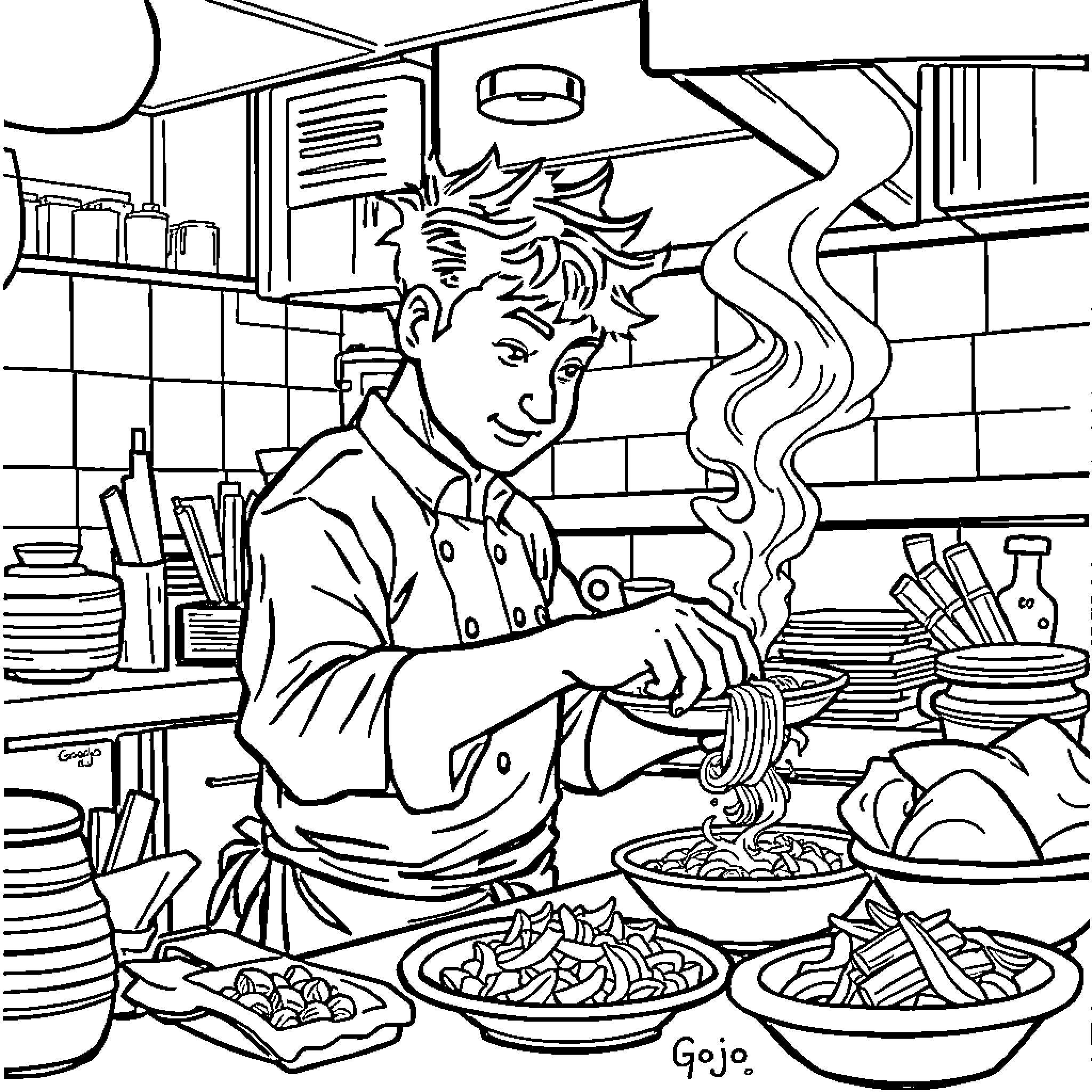Gojo Preparing a Delightful Meal in the Kitchen Coloring Page (free black-and-white line drawing printable PDF for all, from beginners to advanced learners, including children, teens, adults, and seniors)
