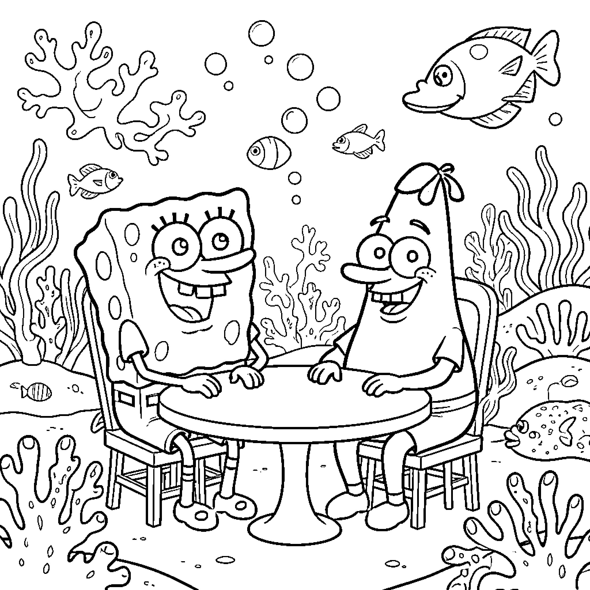 Spongebob and Squidward sitting together at a table Coloring Page (free black-and-white line drawing printable PDF for all, from beginners to advanced learners, including children, teens, adults, and seniors)
