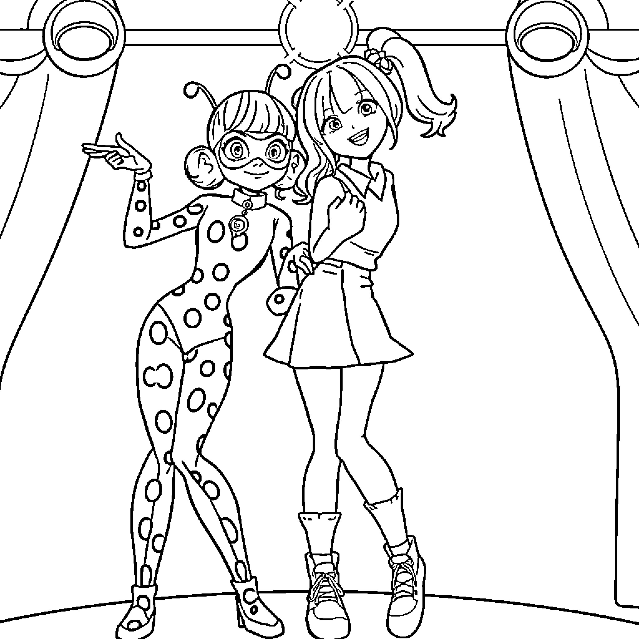 Miraculous Ladybug duo on stage Coloring Page (free black-and-white line drawing printable PDF for all, from beginners to advanced learners, including children, teens, adults, and seniors)