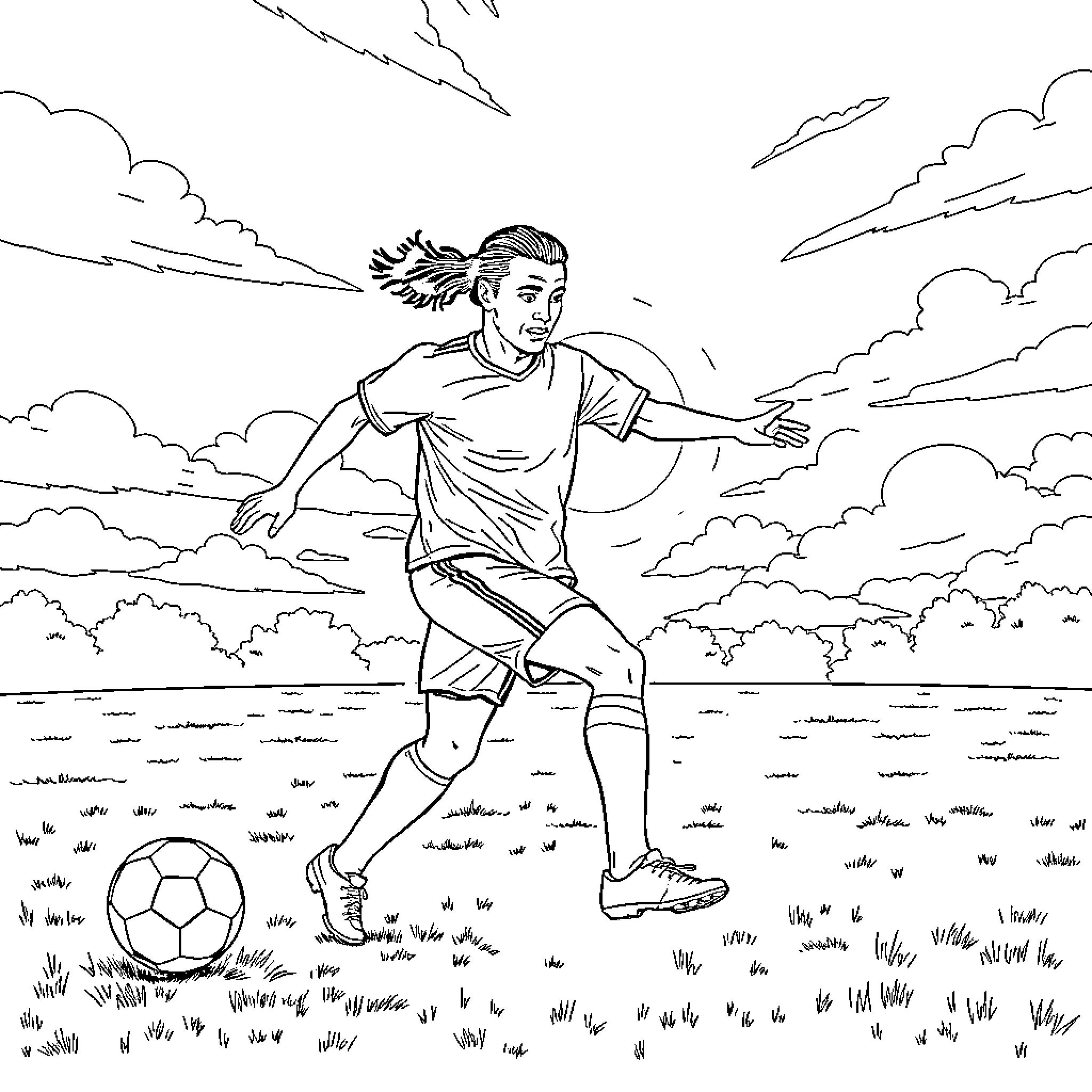 Ronaldinho playing soccer in the field Coloring Page (free black-and-white line drawing printable PDF for all, from beginners to advanced learners, including children, teens, adults, and seniors)