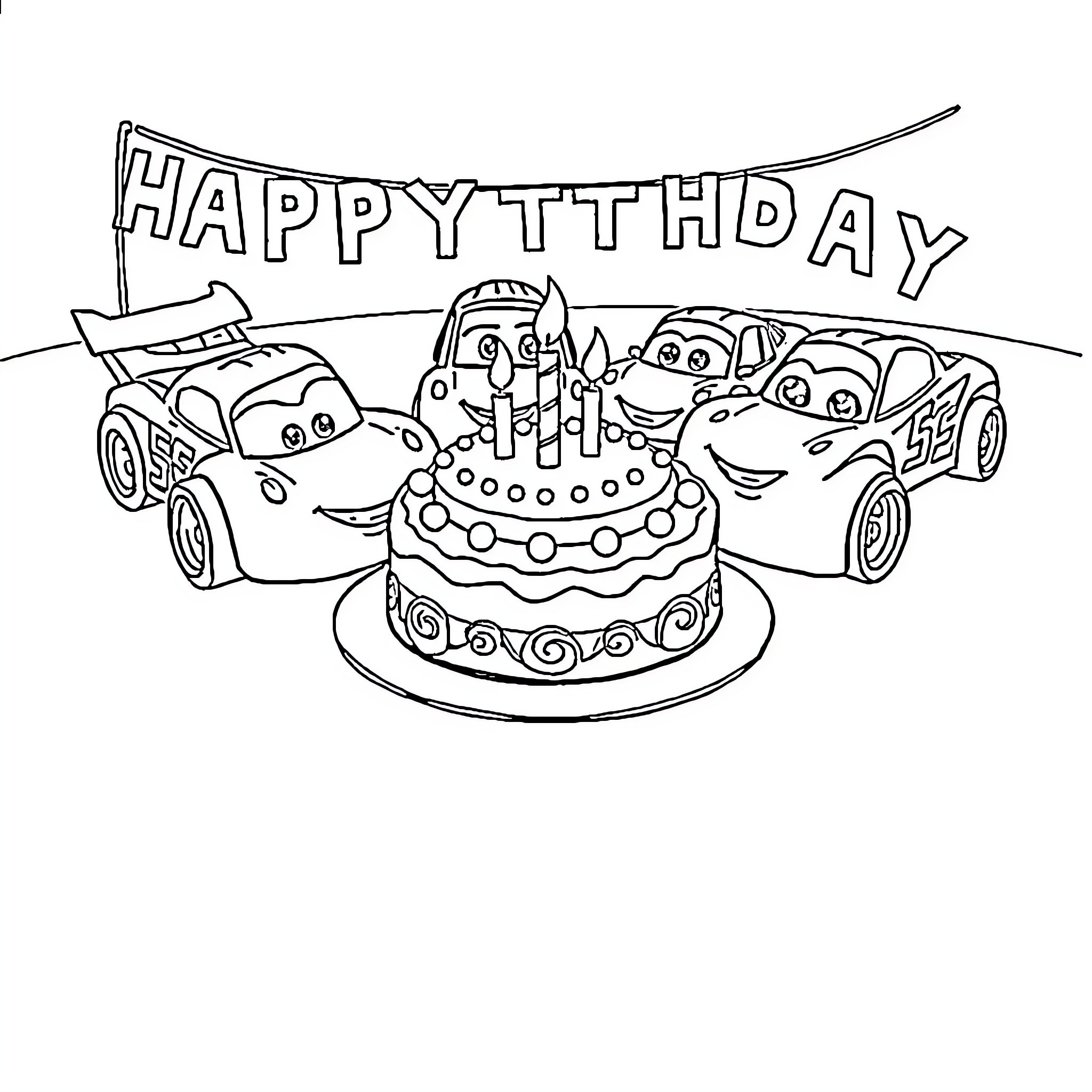 Racecar characters celebrate birthday with cake Coloring Page (free black-and-white line drawing printable PDF for all, from beginners to advanced learners, including children, teens, adults, and seniors)