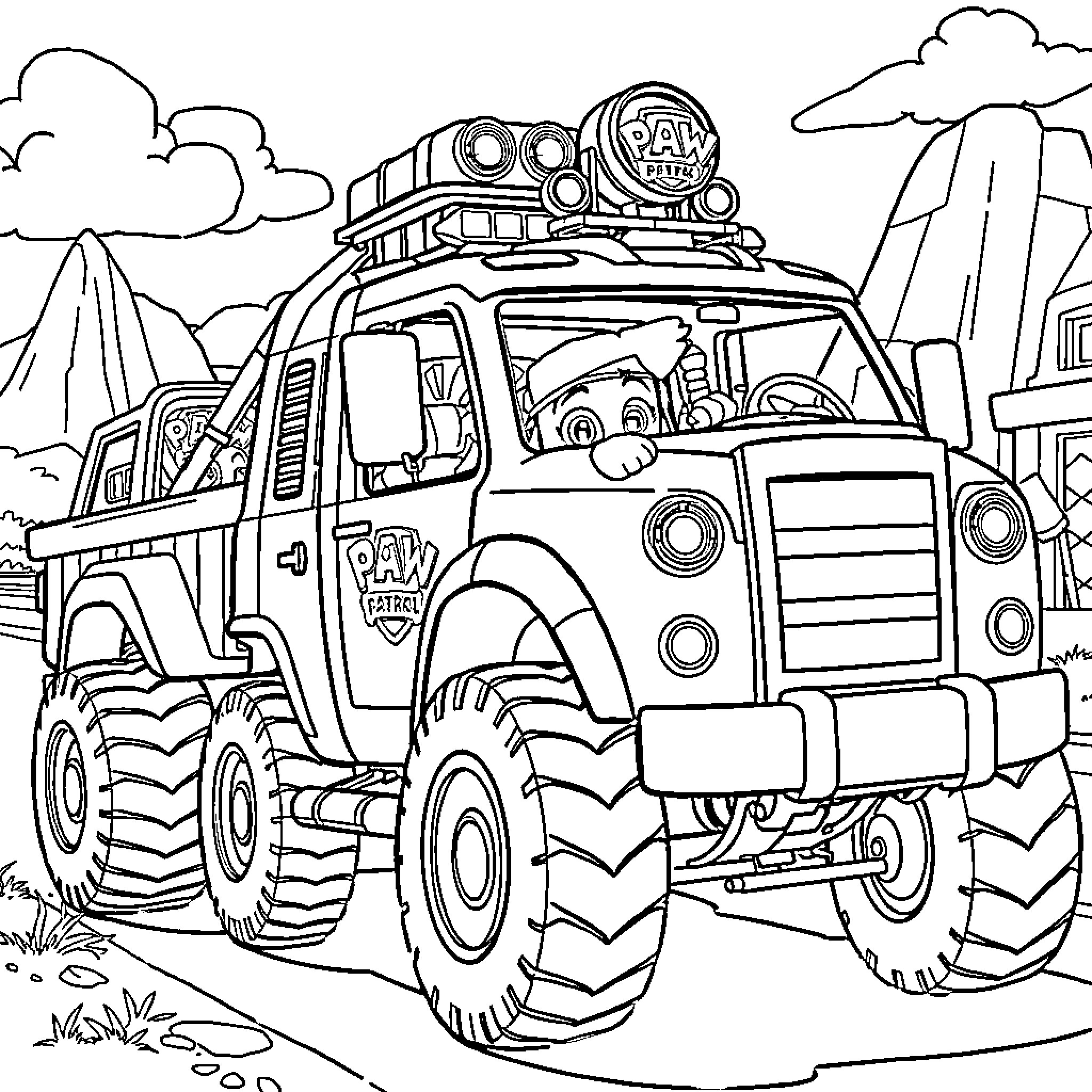 Truck adventure in the wilderness Coloring Page (free black-and-white line drawing printable PDF for all, from beginners to advanced learners, including children, teens, adults, and seniors)