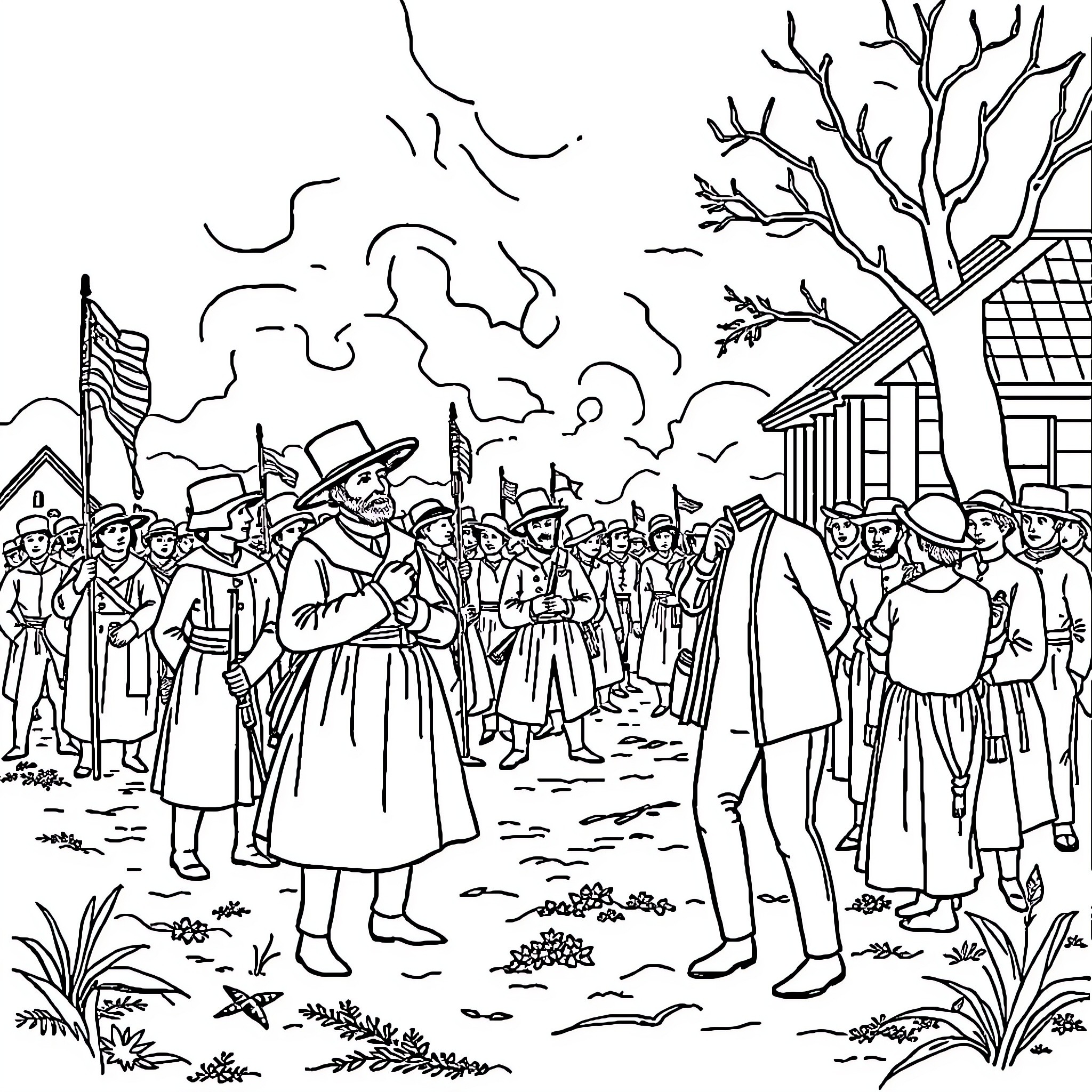 Reconstruction of a Historical Gathering with Diverse Attire Coloring Page (free black-and-white line drawing printable PDF for all, from beginners to advanced learners, including children, teens, adults, and seniors)