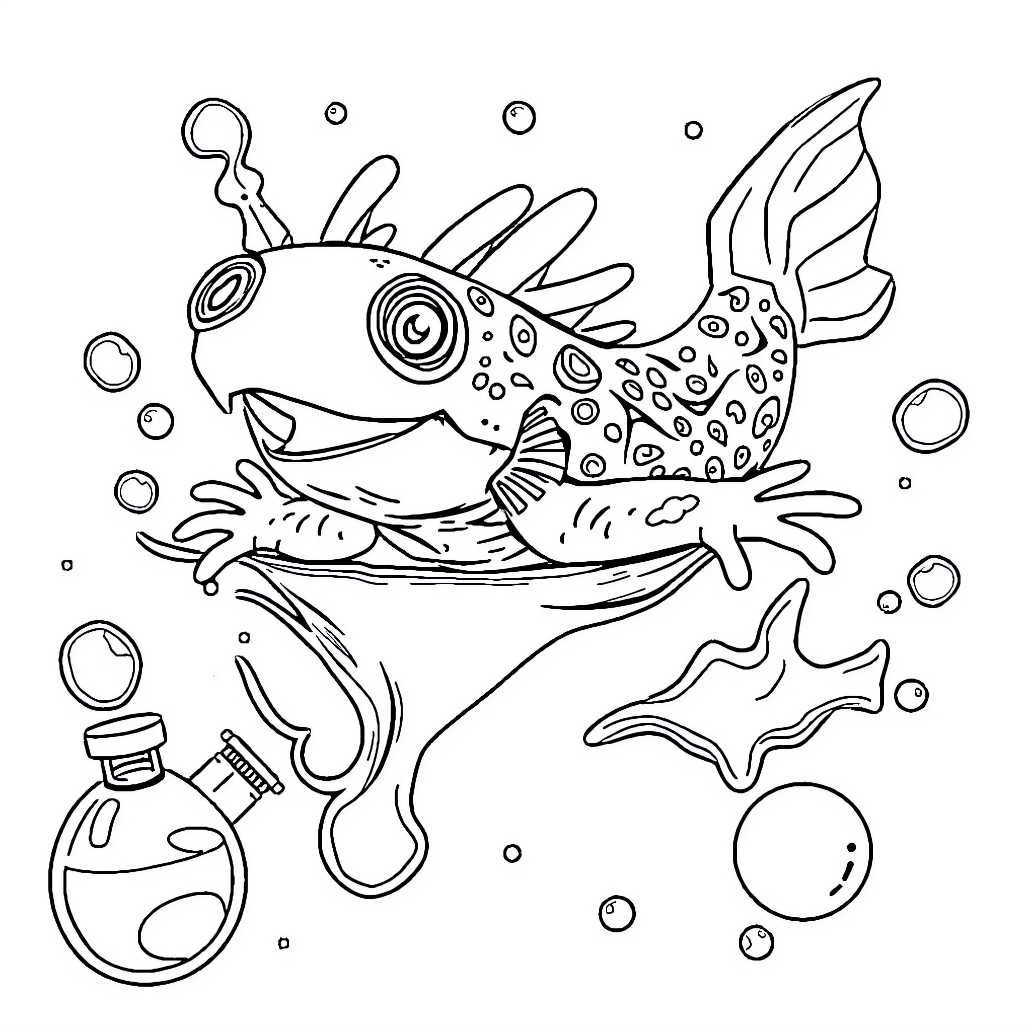 Axolotl exploring underwater world with bubbles Coloring Page (free black-and-white line drawing printable PDF for all, from beginners to advanced learners, including children, teens, adults, and seniors)