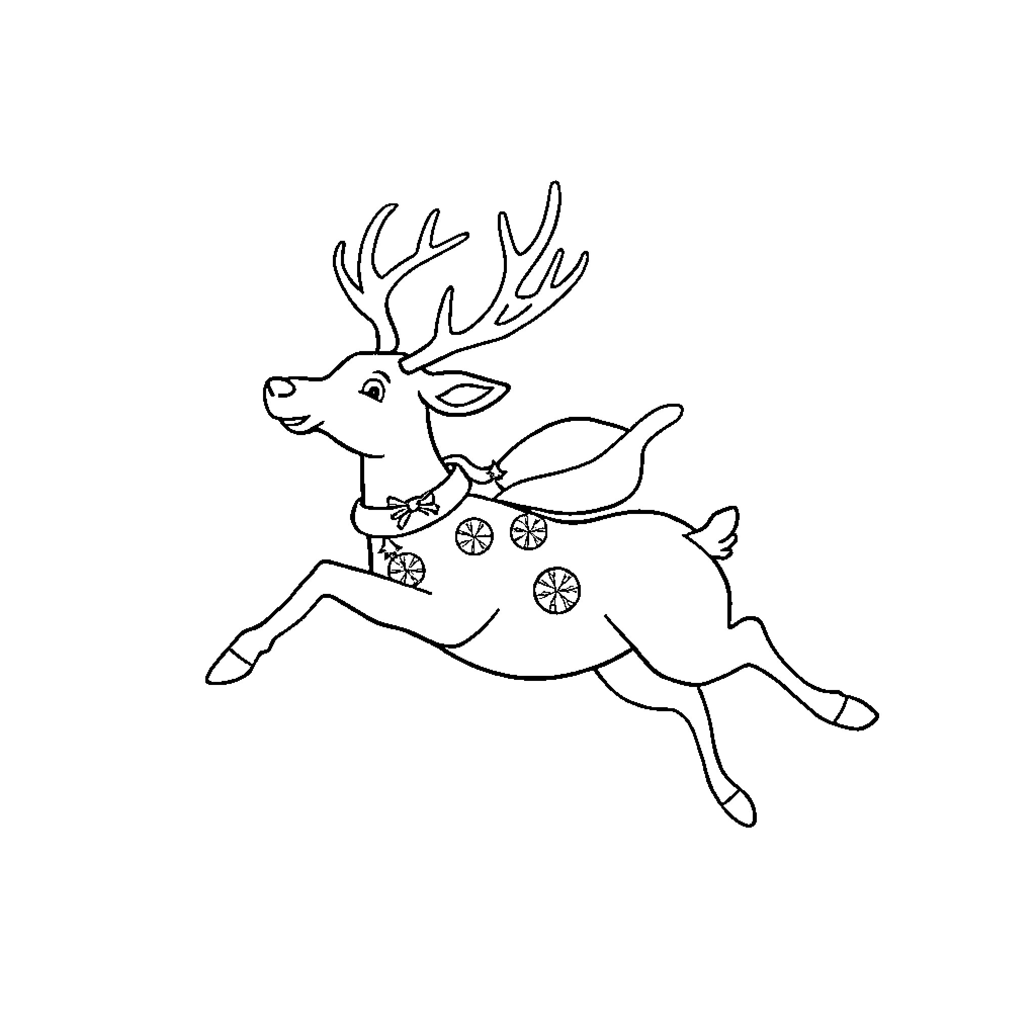Reindeer riding joyfully on sled Coloring Page (free black-and-white line drawing printable PDF for all, from beginners to advanced learners, including children, teens, adults, and seniors)