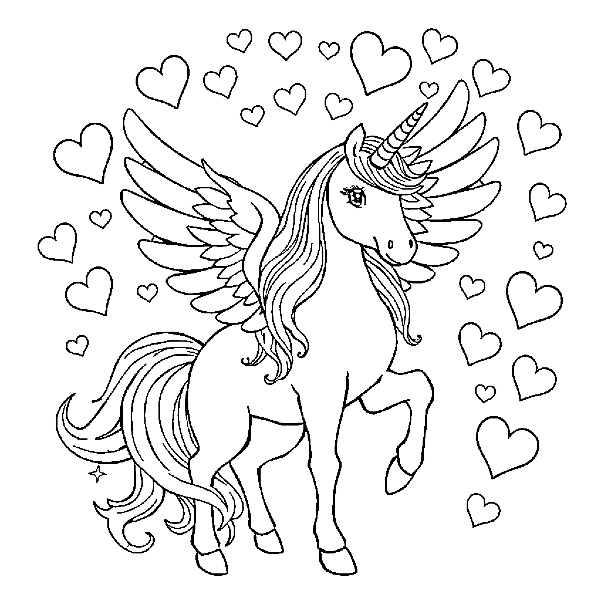 Unicorn spreading its wings with hearts Coloring Page (free black-and-white line drawing printable PDF for all, from beginners to advanced learners, including children, teens, adults, and seniors)