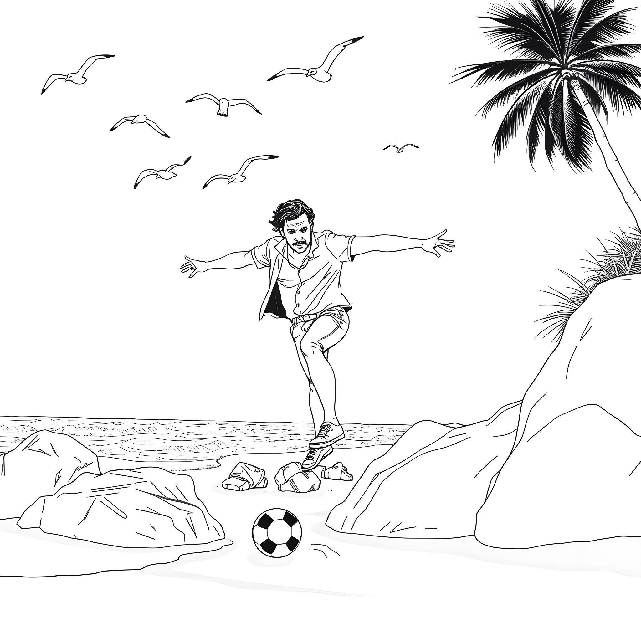 Johnny Cash enjoying beach adventures with soccer ball Coloring Page (free black-and-white line drawing printable PDF for all, from beginners to advanced learners, including children, teens, adults, and seniors)