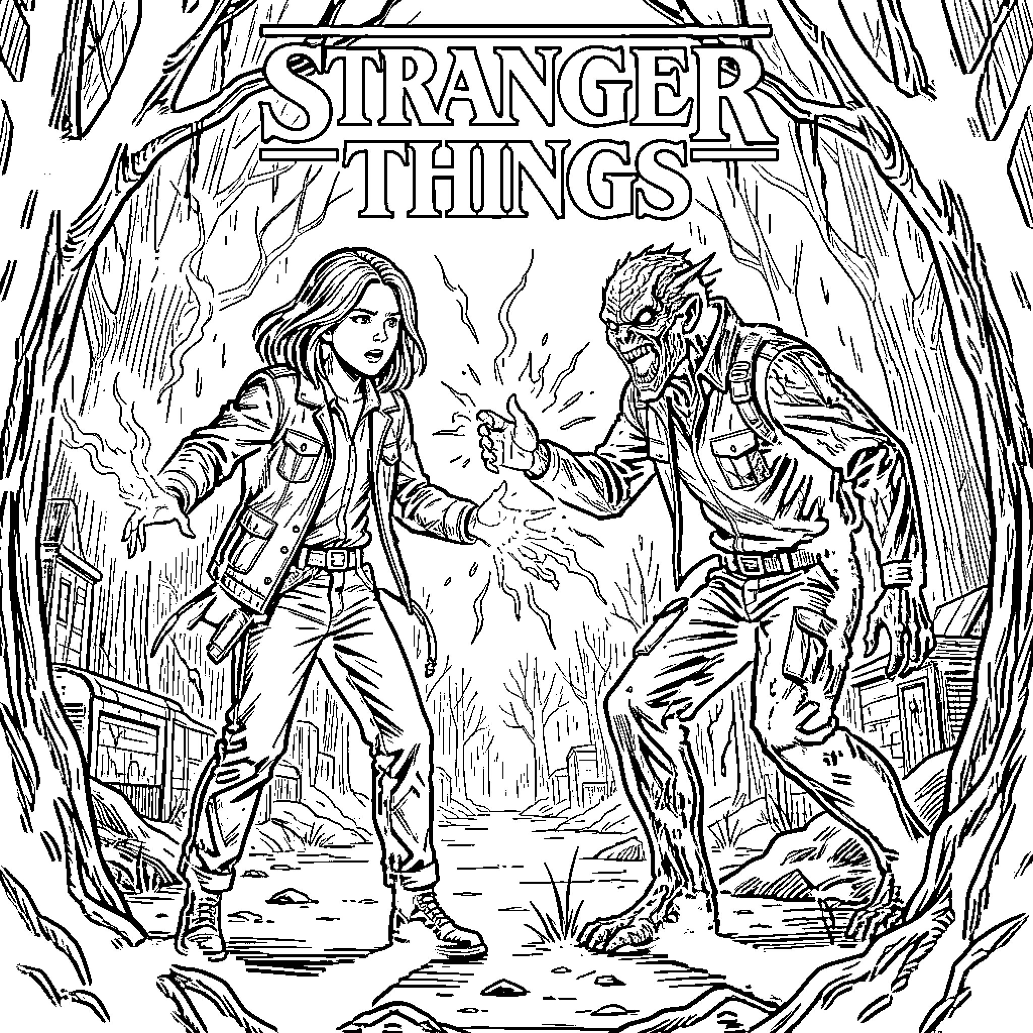 Eleven's Encounter with a Peculiar Figure in the Upside Down Coloring Page (free black-and-white line drawing printable PDF for all, from beginners to advanced learners, including children, teens, adults, and seniors)