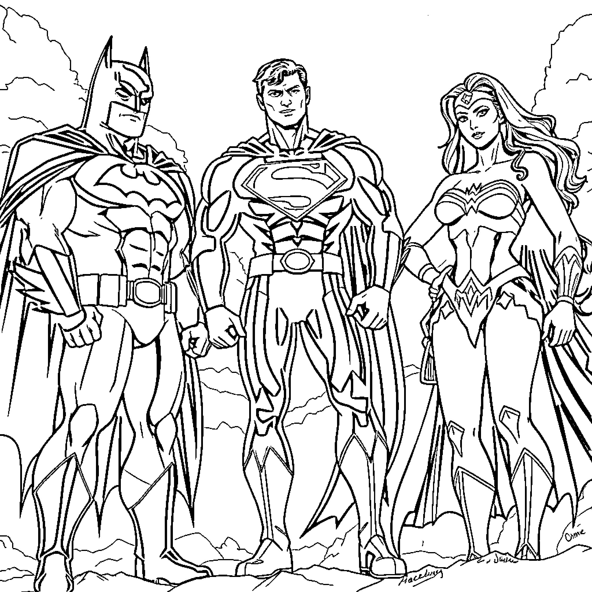 Superhero Trio in Heroic Poses Coloring Page (free black-and-white line drawing printable PDF for all, from beginners to advanced learners, including children, teens, adults, and seniors)