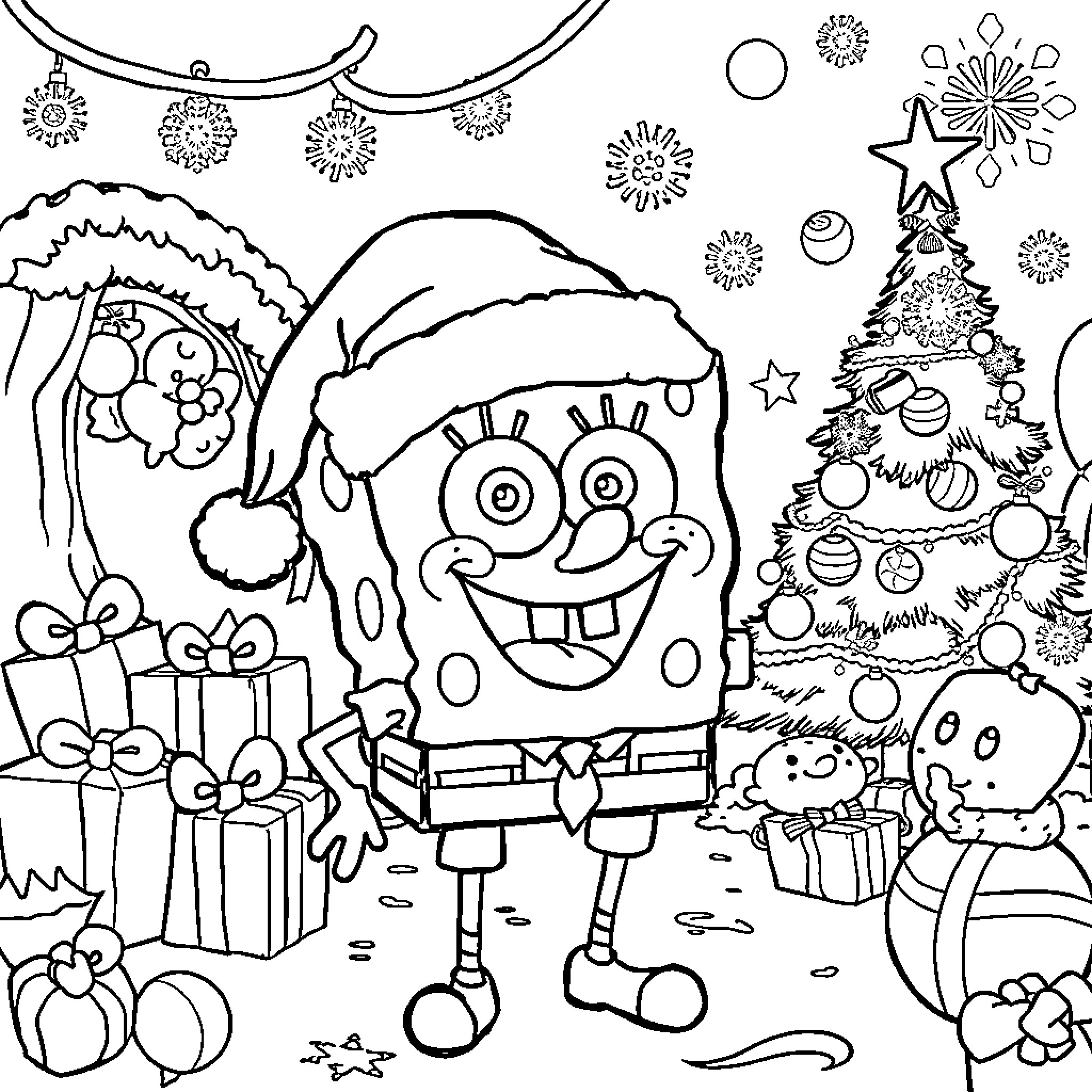 Spongebob celebrates Christmas with friends and decorations Coloring Page (free black-and-white line drawing printable PDF for all, from beginners to advanced learners, including children, teens, adults, and seniors)