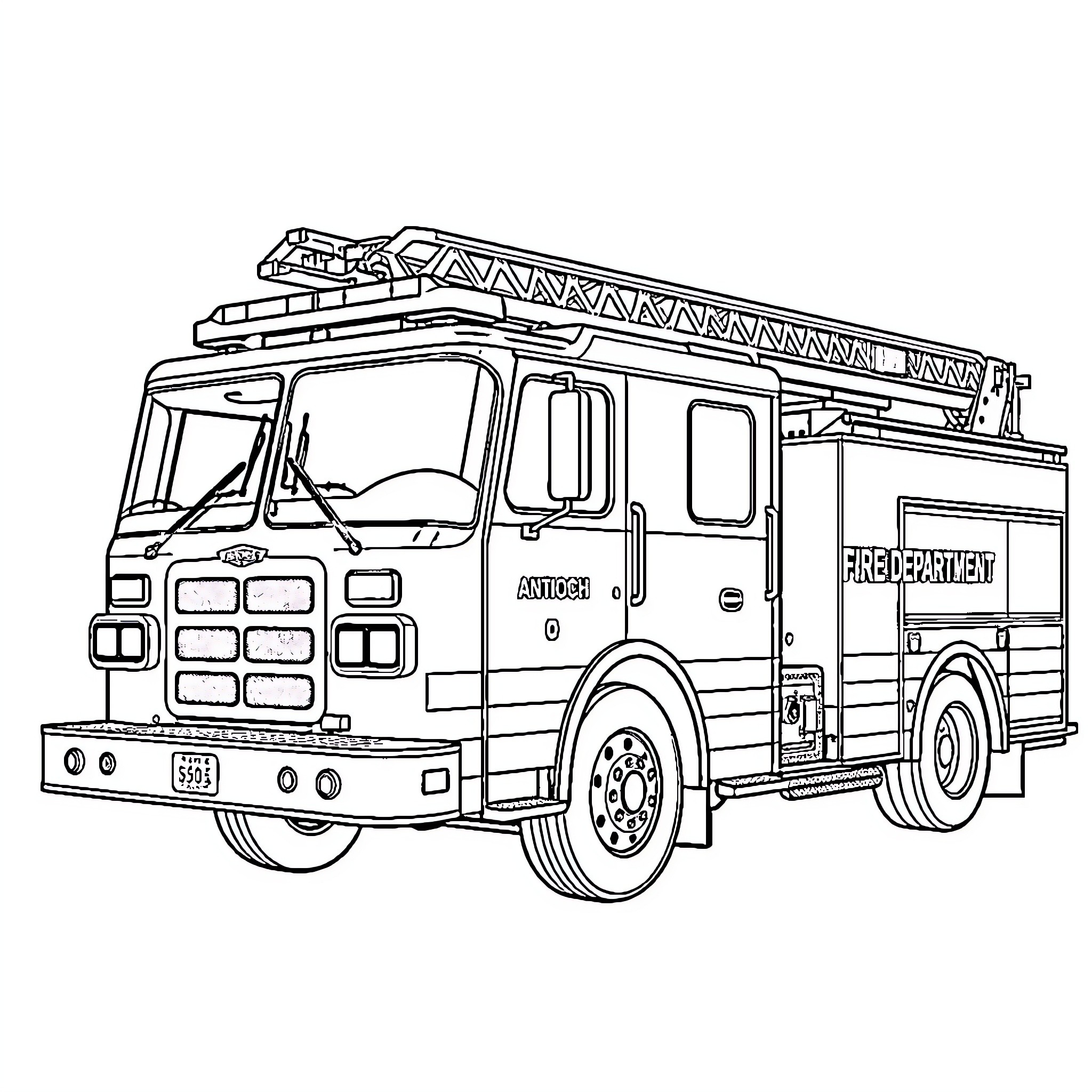 Fire Truck with Ladder Responding to Emergency Call Coloring Page (free black-and-white line drawing printable PDF for all, from beginners to advanced learners, including children, teens, adults, and seniors)
