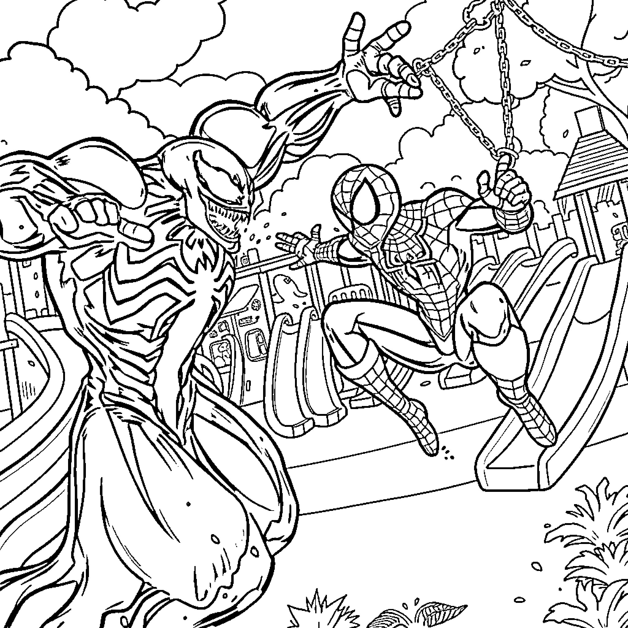 Spiderman battles villains in a chaotic scene Coloring Page (free black-and-white line drawing printable PDF for all, from beginners to advanced learners, including children, teens, adults, and seniors)