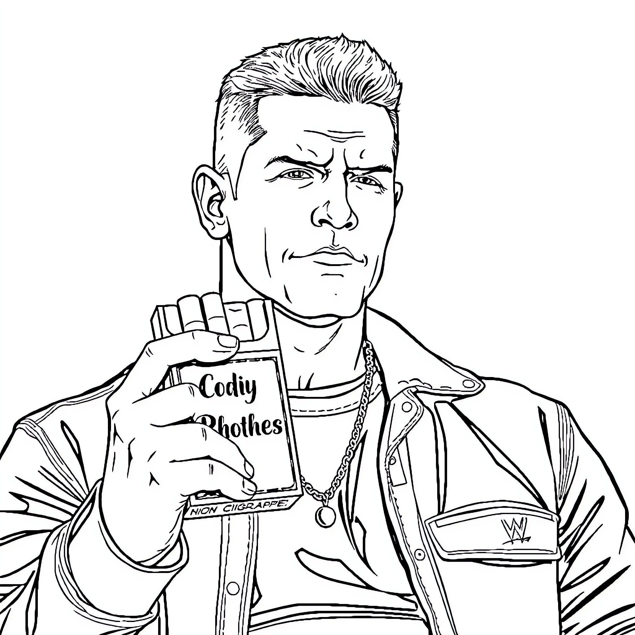 John Cena Holding Wrestling Merchandise Coloring Page (free black-and-white line drawing printable PDF for all, from beginners to advanced learners, including children, teens, adults, and seniors)