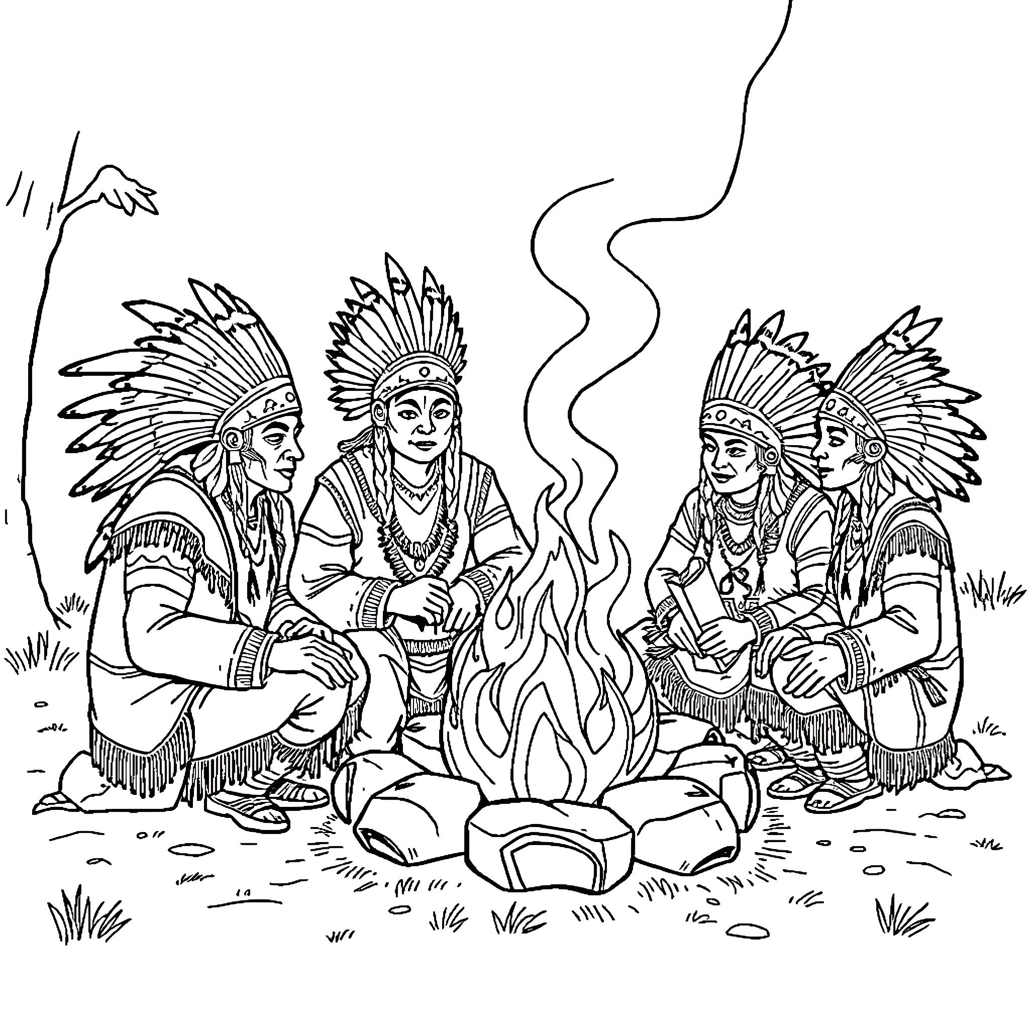 Redskin Tribal Gathering Around Campfire Coloring Page (free black-and-white line drawing printable PDF for all, from beginners to advanced learners, including children, teens, adults, and seniors)