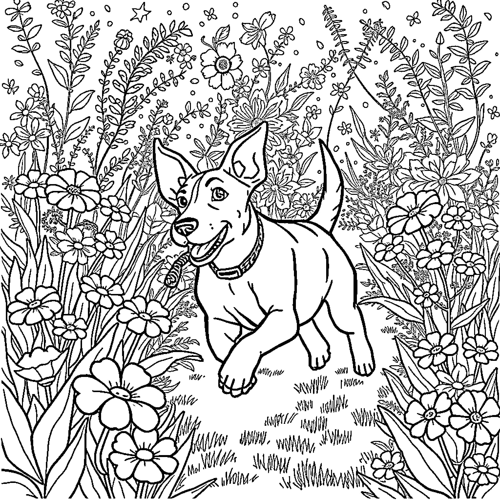 Jack Russell dog exploring a vibrant floral garden Coloring Page (free black-and-white line drawing printable PDF for all, from beginners to advanced learners, including children, teens, adults, and seniors)