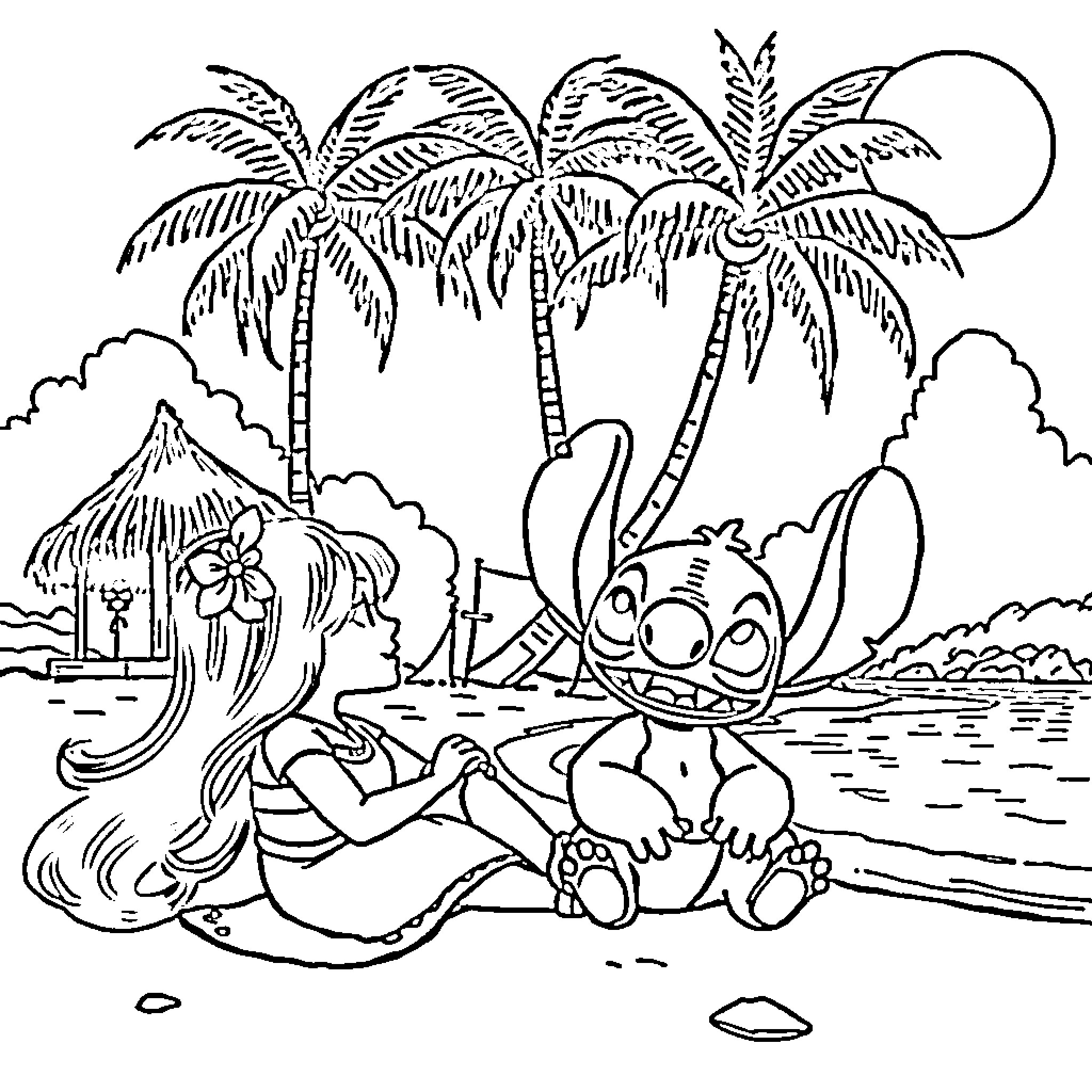 Lilo And Stitch playing on the beach with palm trees Coloring Page (free black-and-white line drawing printable PDF for all, from beginners to advanced learners, including children, teens, adults, and seniors)