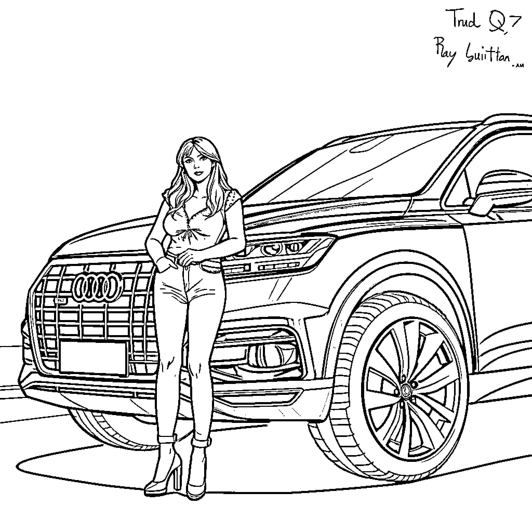 Lady standing confidently by her car Coloring Page (free black-and-white line drawing printable PDF for all, from beginners to advanced learners, including children, teens, adults, and seniors)