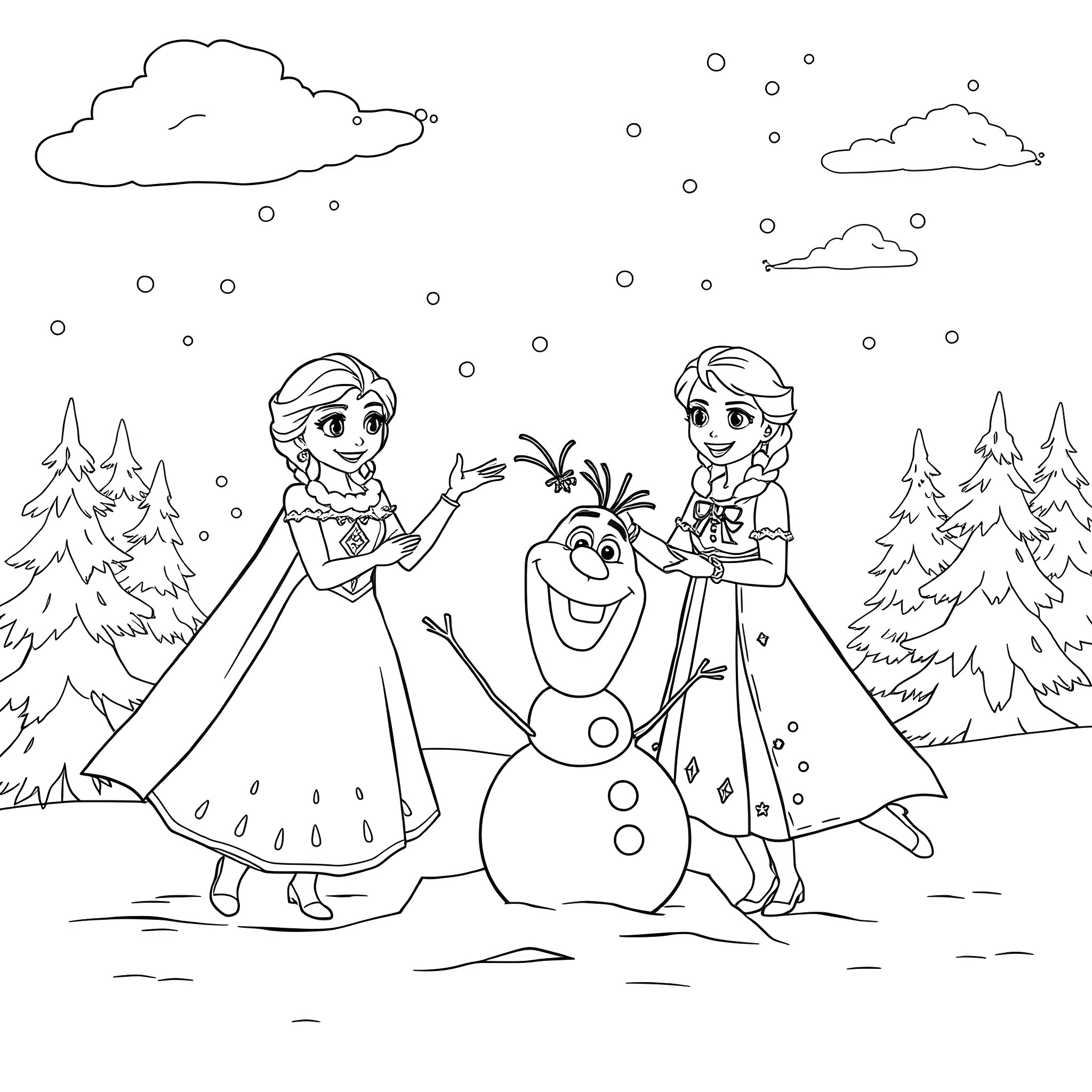 Elsa and Anna enjoying a snowy winter wonderland Coloring Page (free black-and-white line drawing printable PDF for all, from beginners to advanced learners, including children, teens, adults, and seniors)