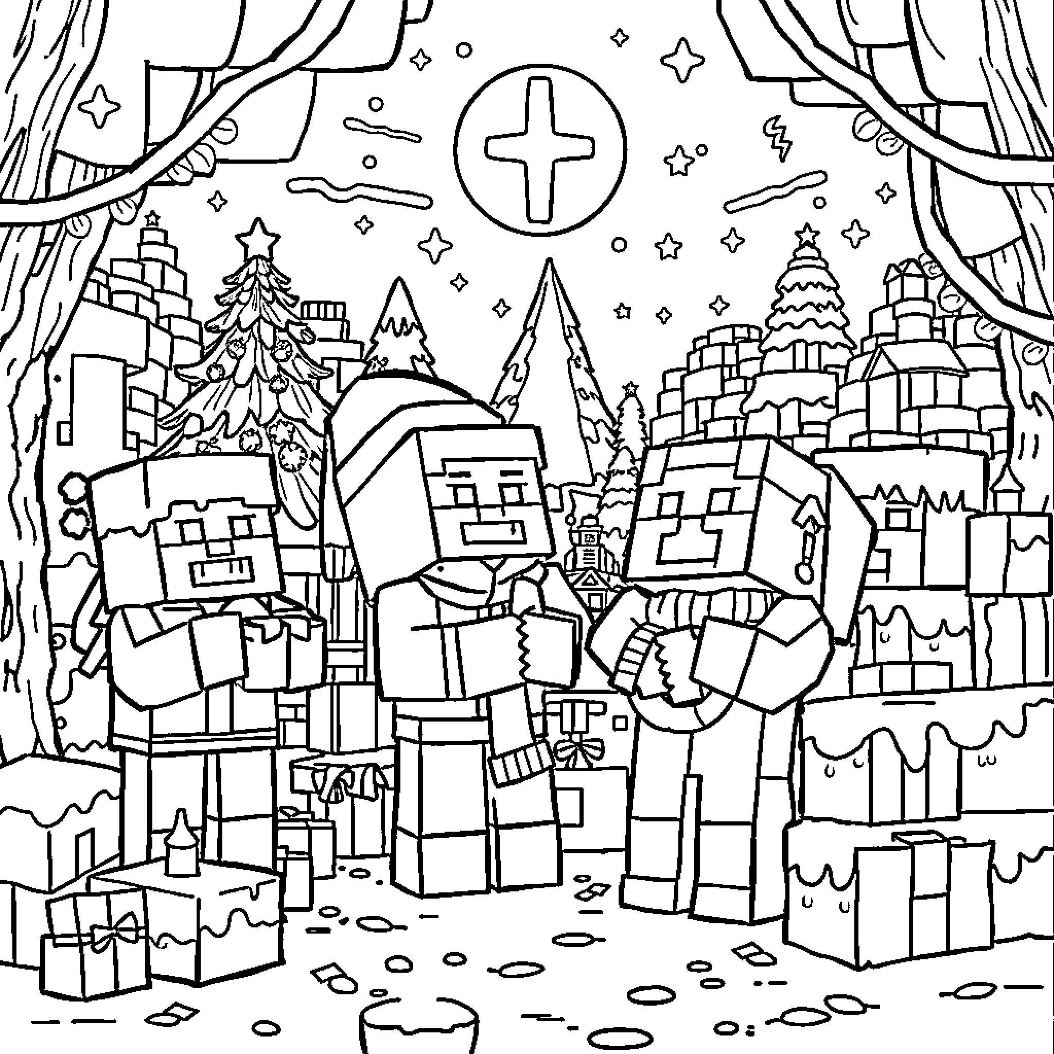 Minecraft Characters in a Festive Winter Scene Coloring Page (free black-and-white line drawing printable PDF for all, from beginners to advanced learners, including children, teens, adults, and seniors)