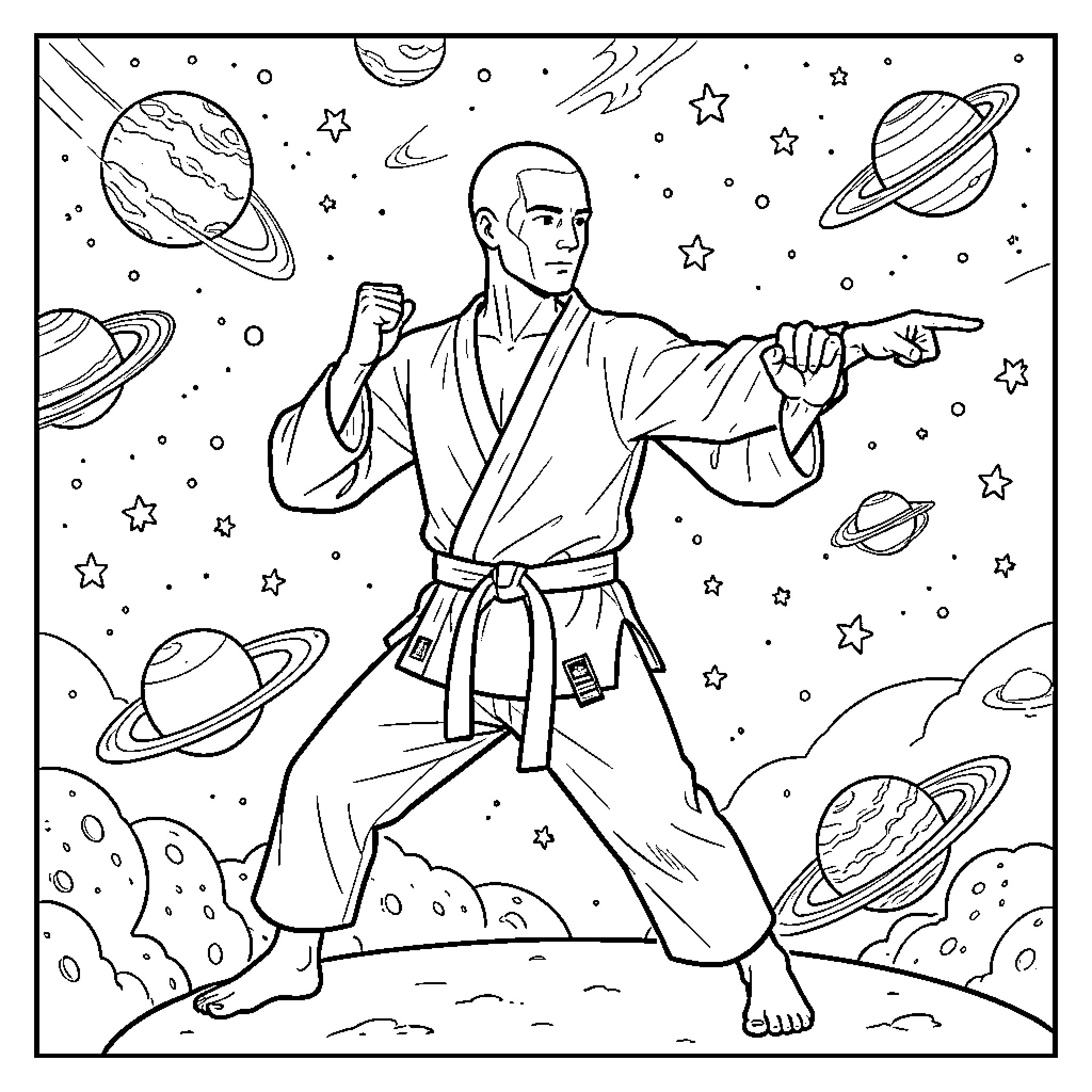Manikin in martial arts pose amidst planets and stars Coloring Page (free black-and-white line drawing printable PDF for all, from beginners to advanced learners, including children, teens, adults, and seniors)