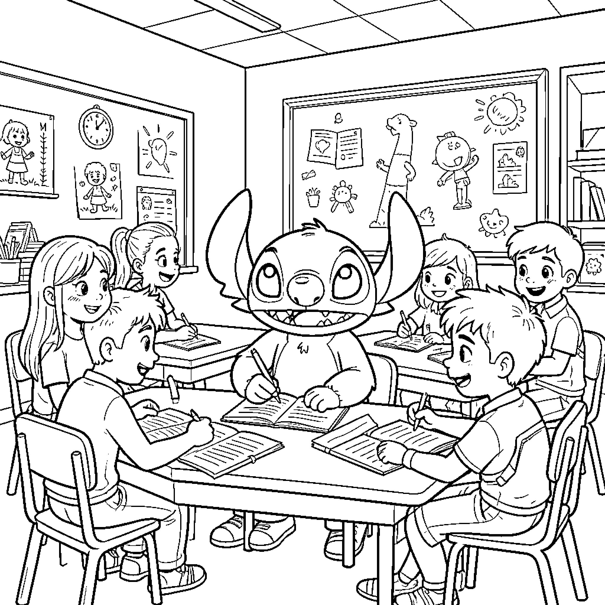 Stitch Joins the Classroom Study Session Coloring Page (free black-and-white line drawing printable PDF for all, from beginners to advanced learners, including children, teens, adults, and seniors)
