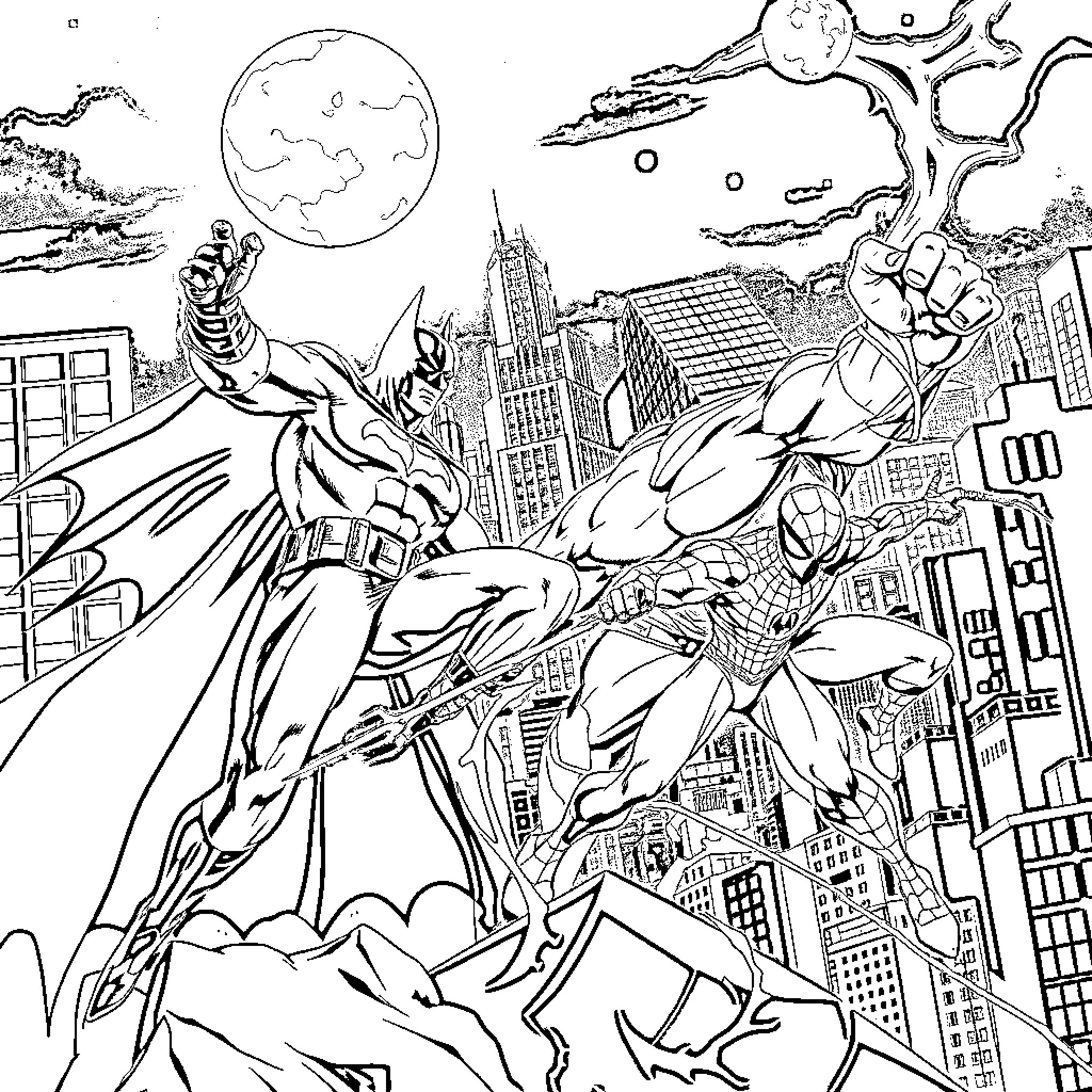 Batman and Spider-Man battling in the city skyline Coloring Page (free black-and-white line drawing printable PDF for all, from beginners to advanced learners, including children, teens, adults, and seniors)
