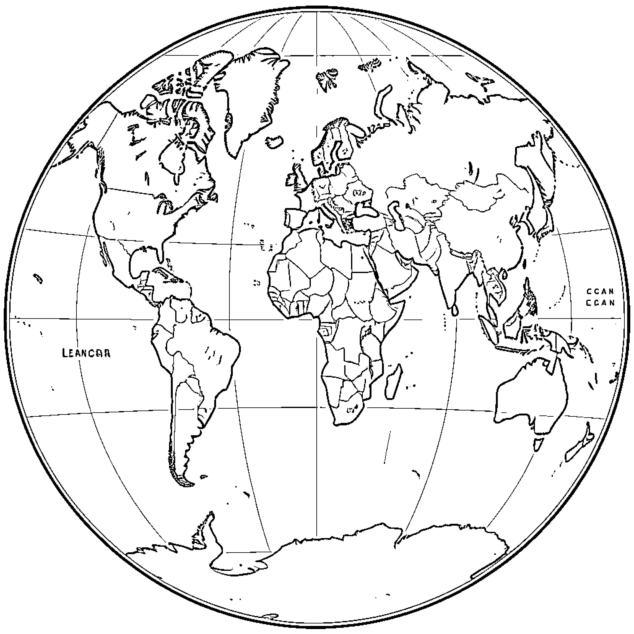 World Map showing continents and global outlines Coloring Page (free black-and-white line drawing printable PDF for all, from beginners to advanced learners, including children, teens, adults, and seniors)