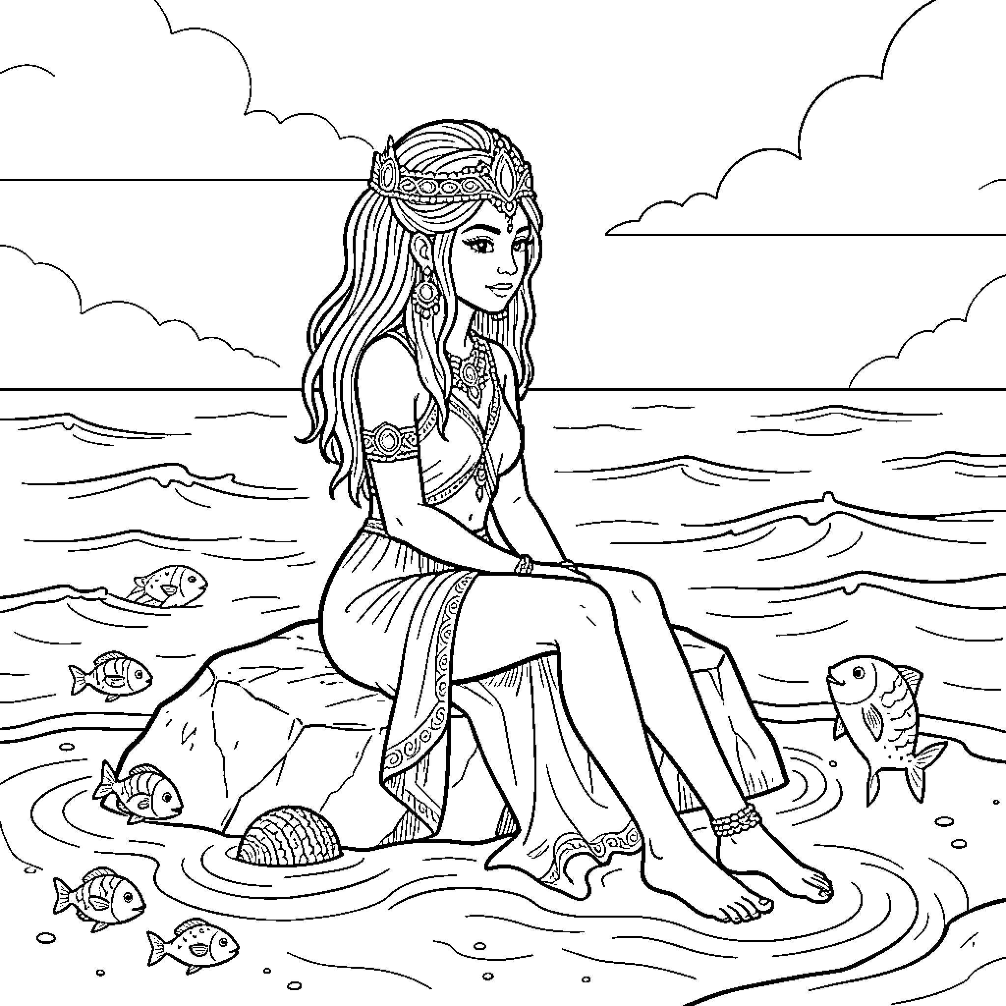 Yemanya sitting peacefully on a rock by the ocean Coloring Page (free black-and-white line drawing printable PDF for all, from beginners to advanced learners, including children, teens, adults, and seniors)