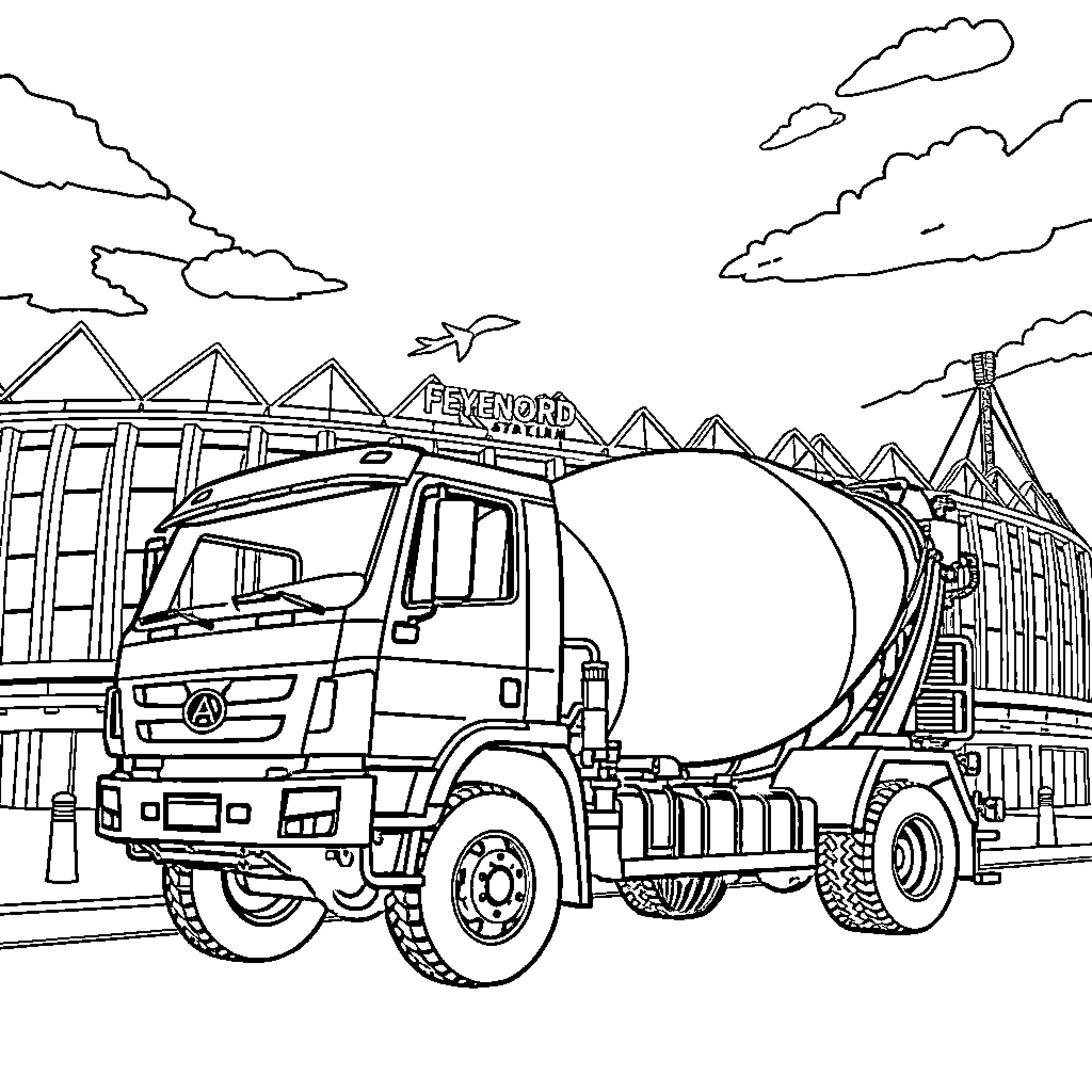 Concrete Mixer Truck on Construction Site Coloring Page (free black-and-white line drawing printable PDF for all, from beginners to advanced learners, including children, teens, adults, and seniors)