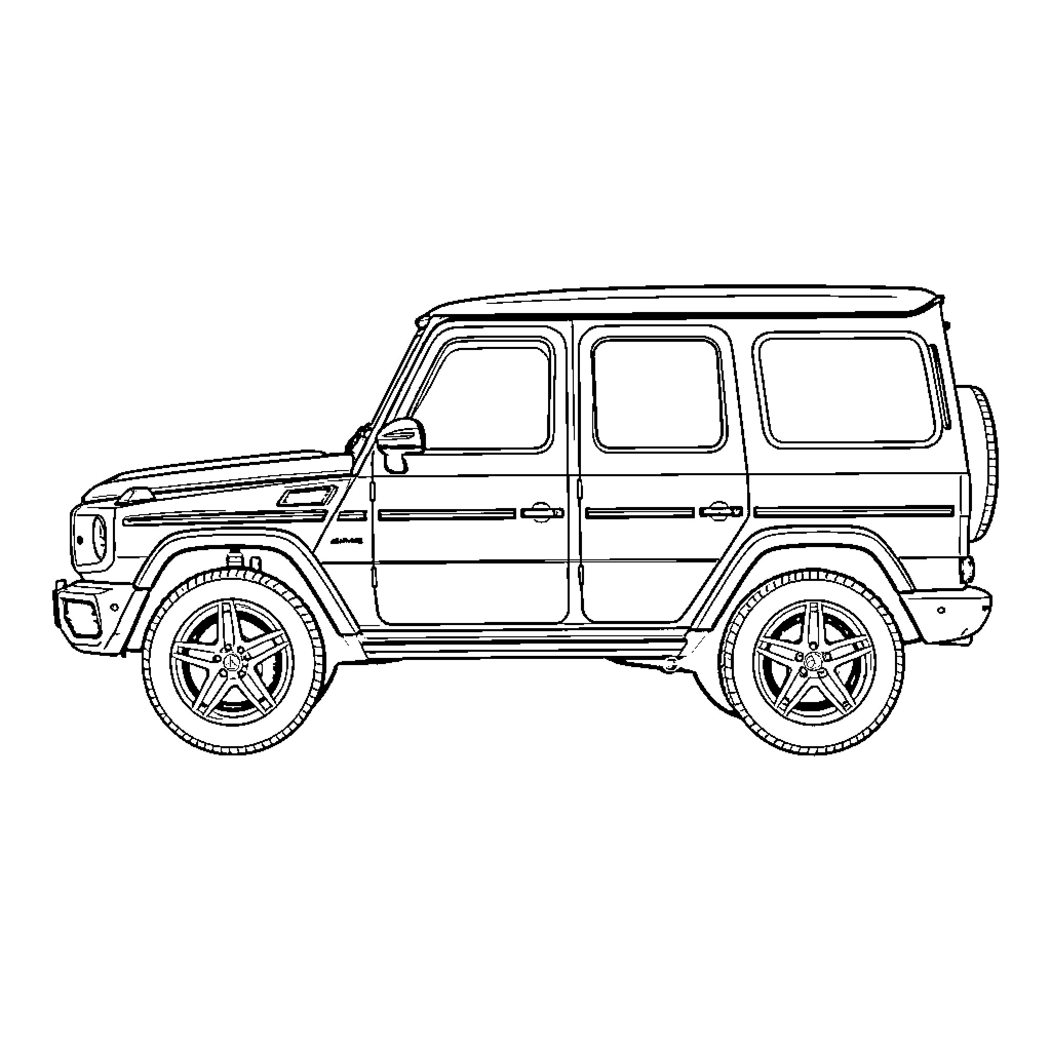 Mercedes Benz G-63 AMG parked on a plain background Coloring Page (free black-and-white line drawing printable PDF for all, from beginners to advanced learners, including children, teens, adults, and seniors)