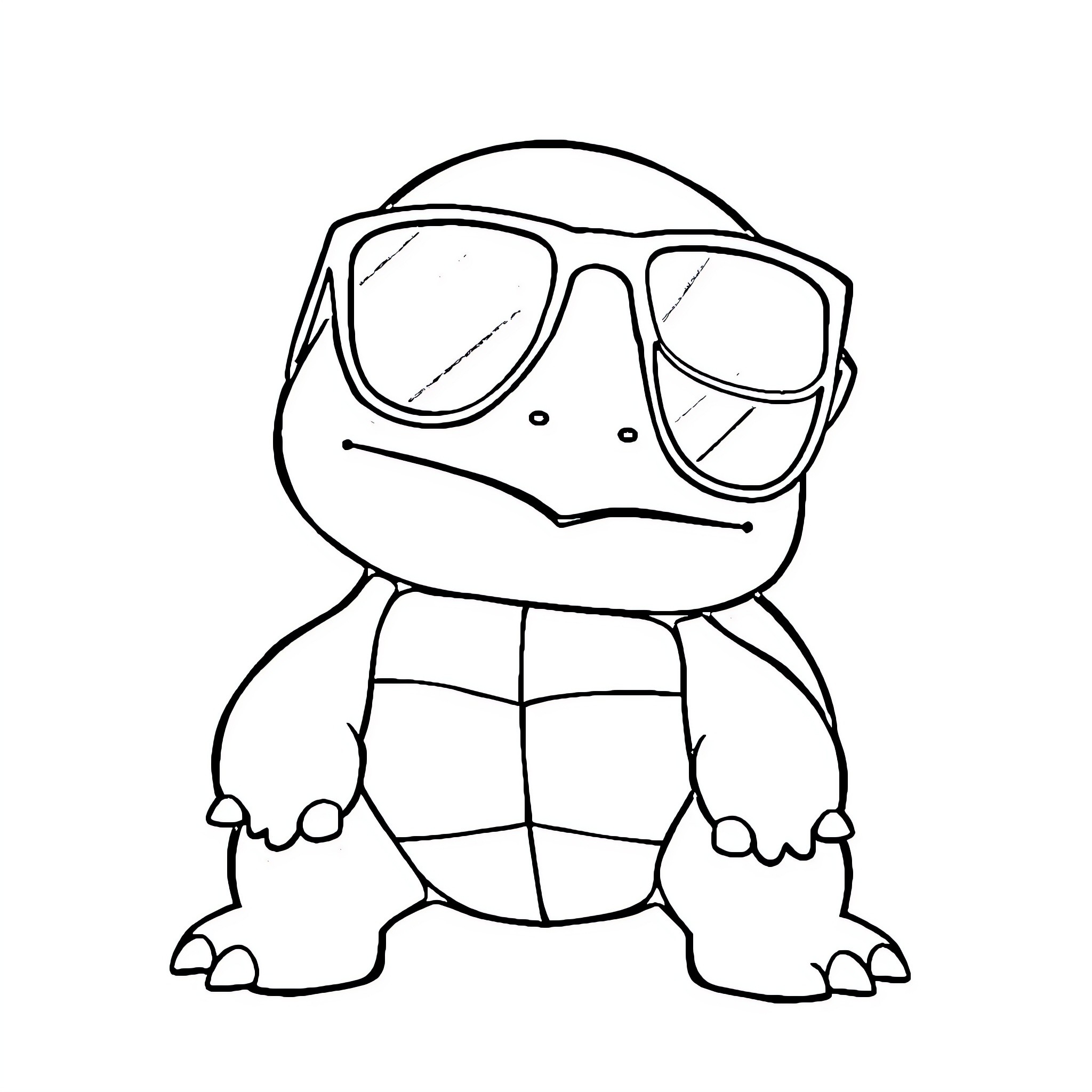 Squirtle wearing glasses and looking serious Coloring Page (free black-and-white line drawing printable PDF for all, from beginners to advanced learners, including children, teens, adults, and seniors)