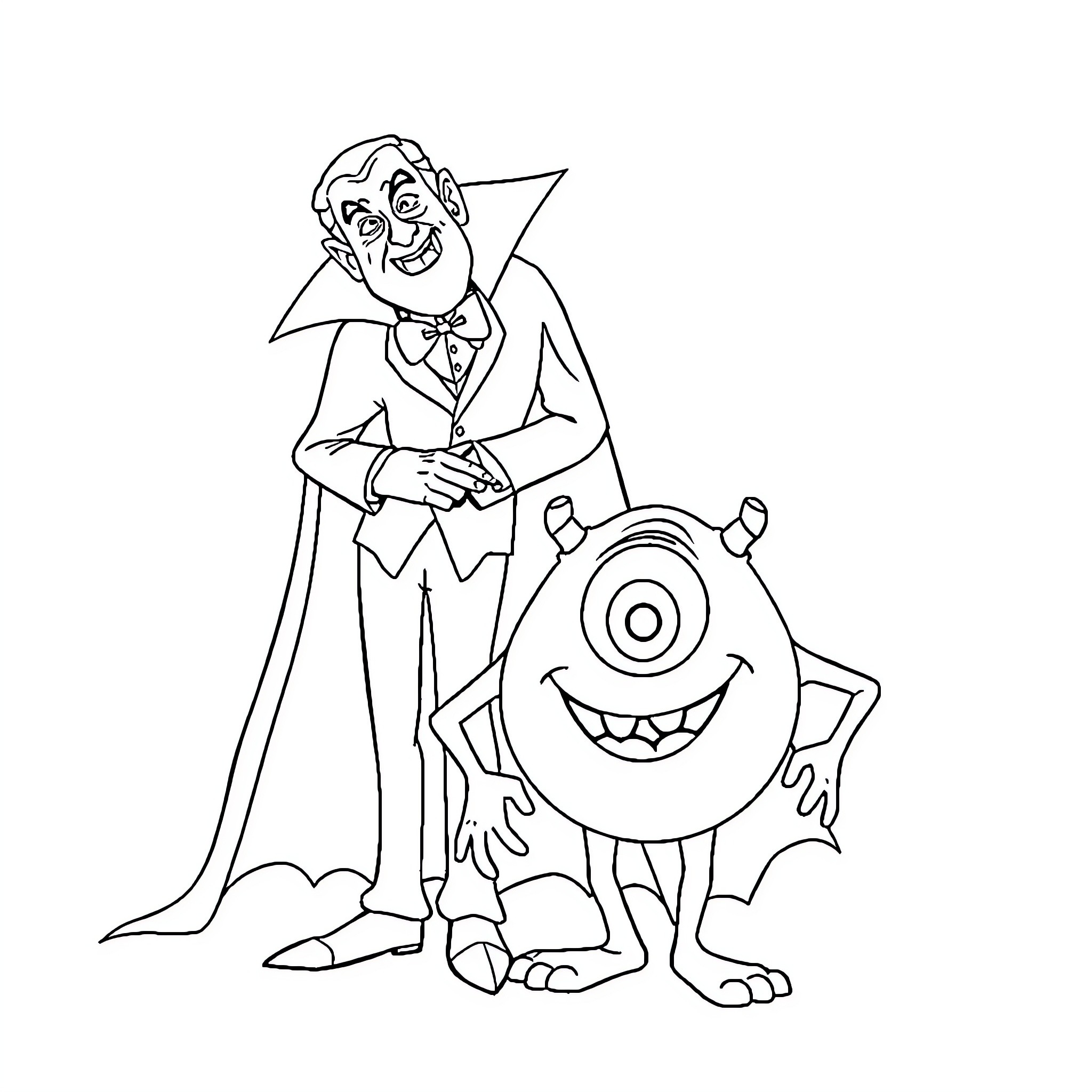 Dracula and his monstrous companion in costume Coloring Page (free black-and-white line drawing printable PDF for all, from beginners to advanced learners, including children, teens, adults, and seniors)
