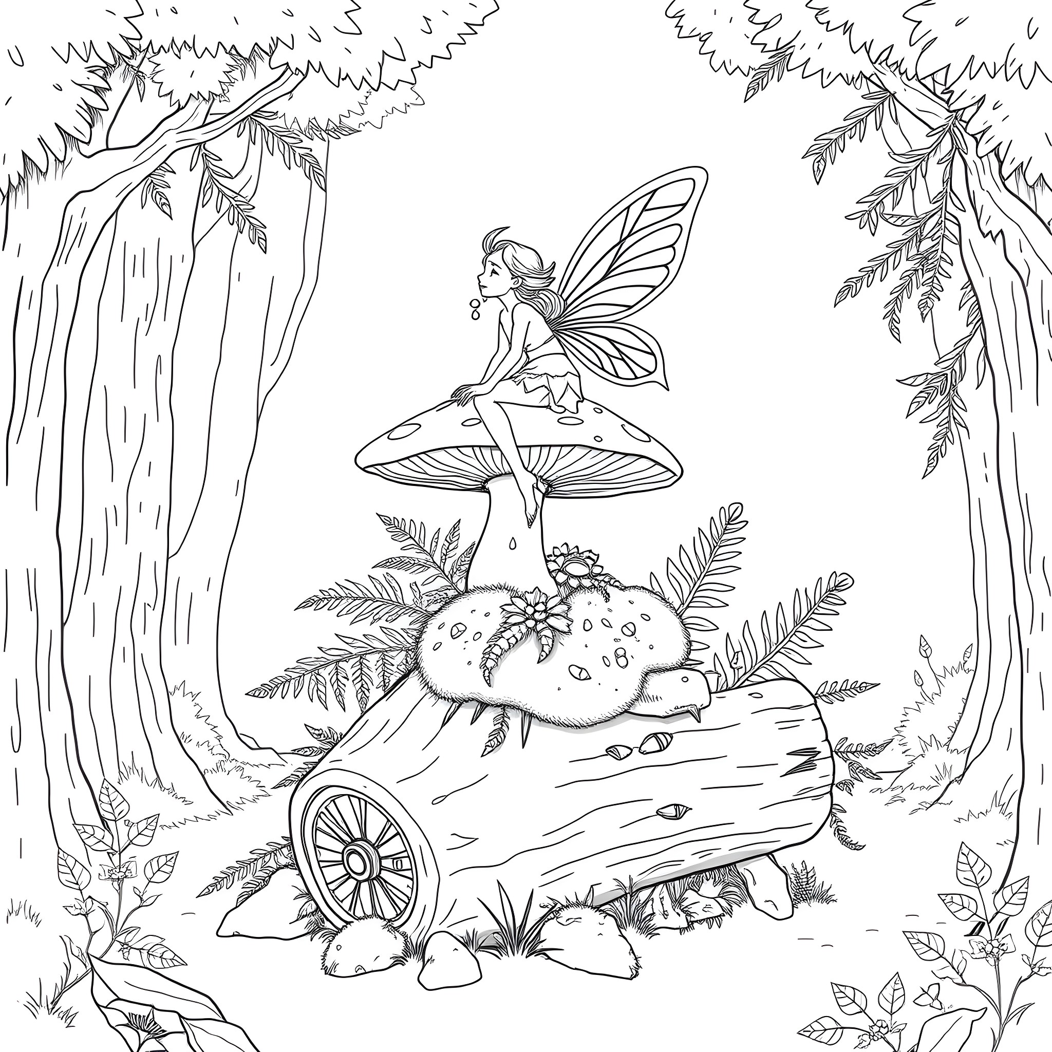 Fairy resting on magical mushroom in enchanted forest Coloring Page (free black-and-white line drawing printable PDF for all, from beginners to advanced learners, including children, teens, adults, and seniors)