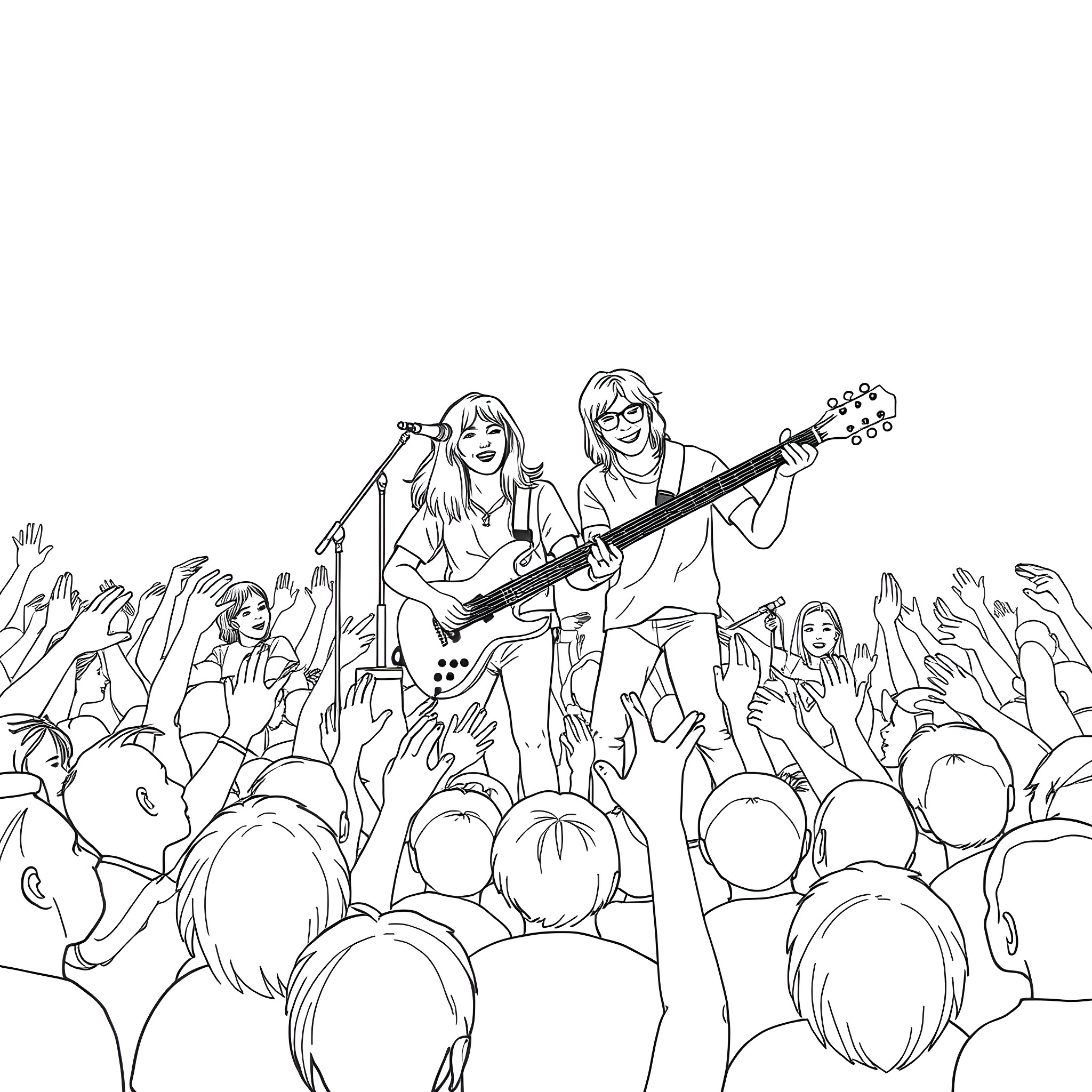 Walk off the Earth: Band Performing for Energetic Crowd Coloring Page (free black-and-white line drawing printable PDF for all, from beginners to advanced learners, including children, teens, adults, and seniors)