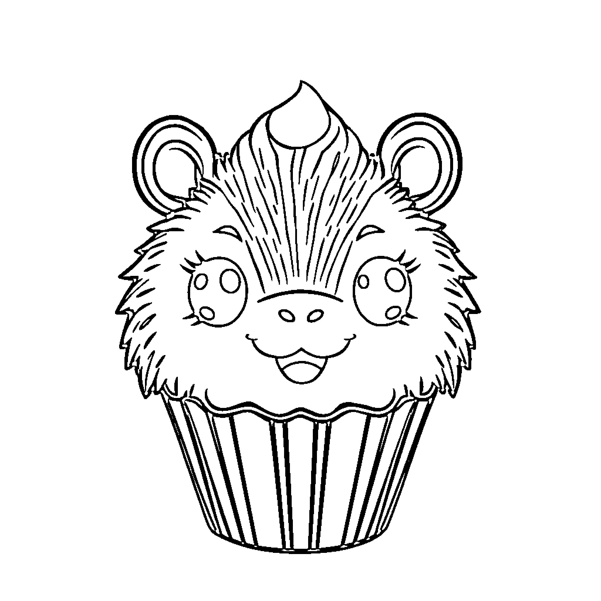 Capybara cupcake with cheerful expression Coloring Page (free black-and-white line drawing printable PDF for all, from beginners to advanced learners, including children, teens, adults, and seniors)