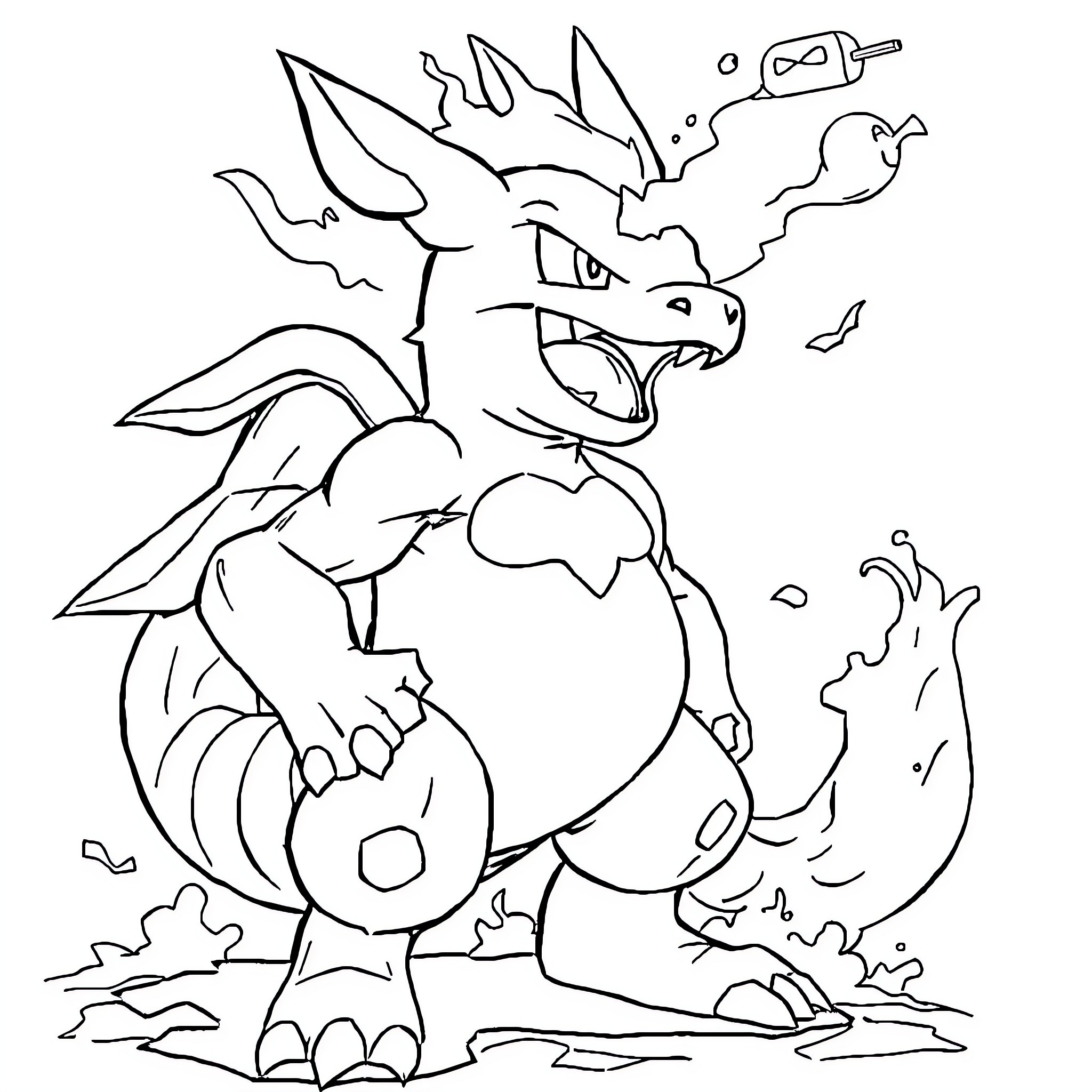 Pokémon Charizard Unleashing Powerful Flames Coloring Page (free black-and-white line drawing printable PDF for all, from beginners to advanced learners, including children, teens, adults, and seniors)