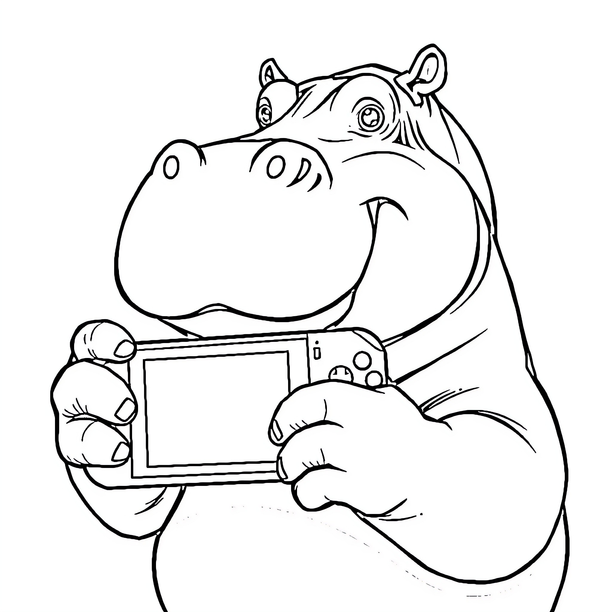Hippo taking a selfie with electronic device Coloring Page (free black-and-white line drawing printable PDF for all, from beginners to advanced learners, including children, teens, adults, and seniors)