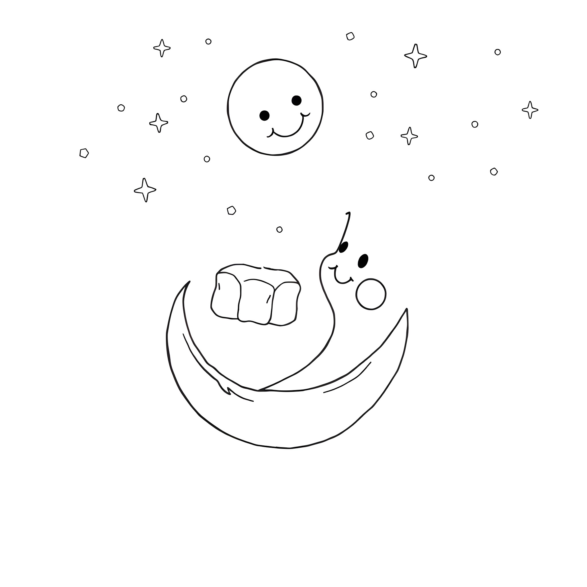 Moon Smiling Face and Crescent Moon with Stars Coloring Page (free black-and-white line drawing printable PDF for all, from beginners to advanced learners, including children, teens, adults, and seniors)