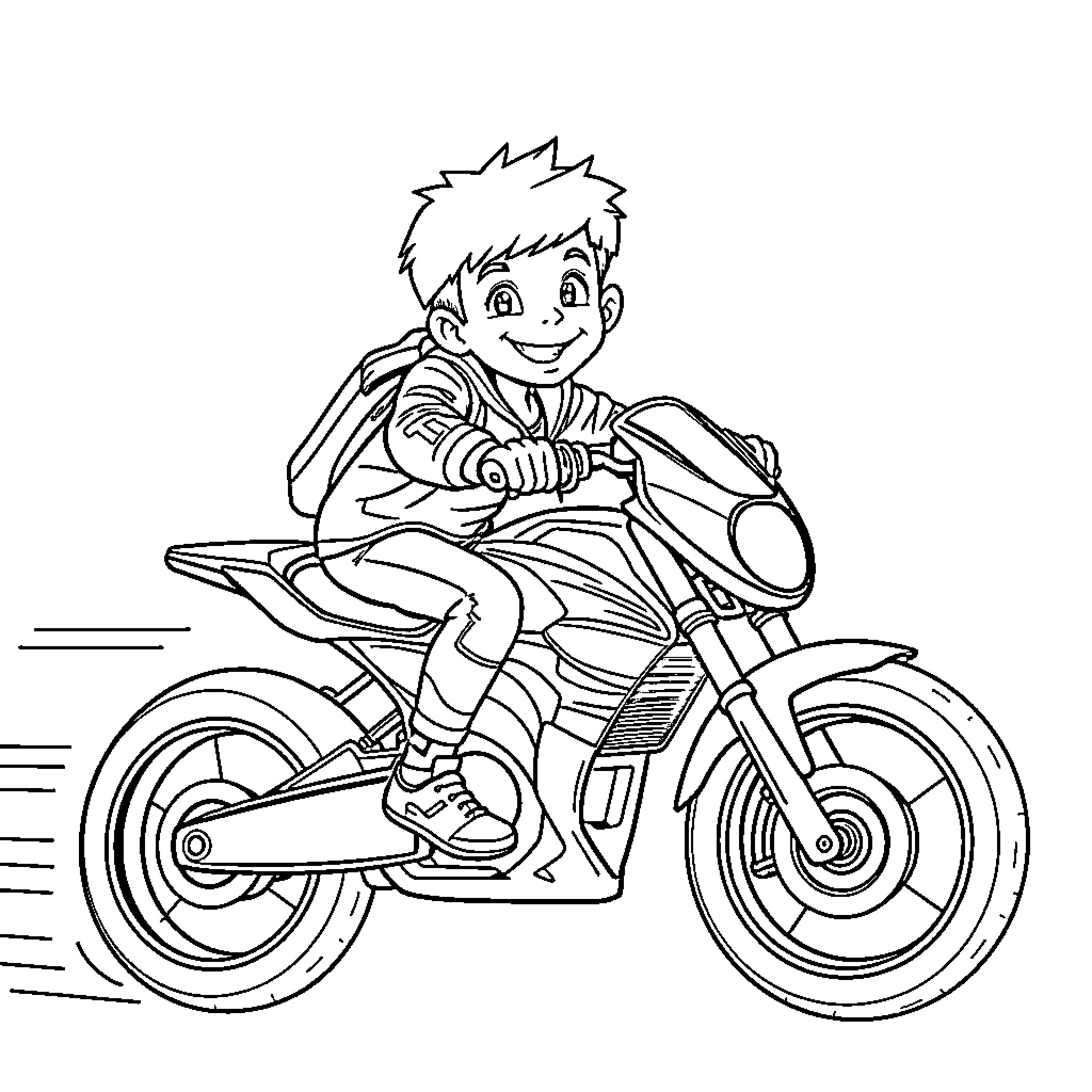 Boy riding motorcycle on the road Coloring Page (free black-and-white line drawing printable PDF for all, from beginners to advanced learners, including children, teens, adults, and seniors)