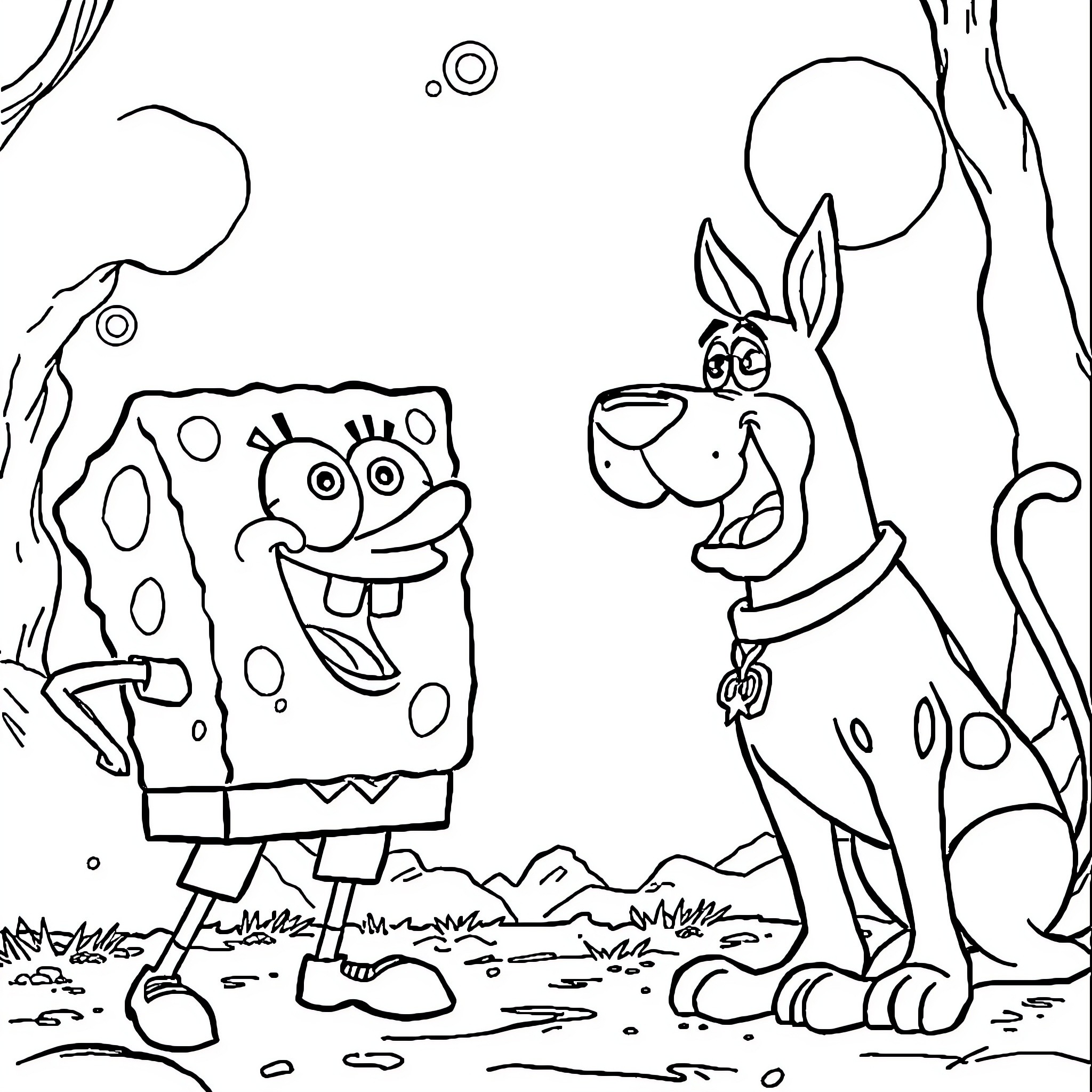 Spongebob and pet dog in lively outdoor scene Coloring Page (free black-and-white line drawing printable PDF for all, from beginners to advanced learners, including children, teens, adults, and seniors)