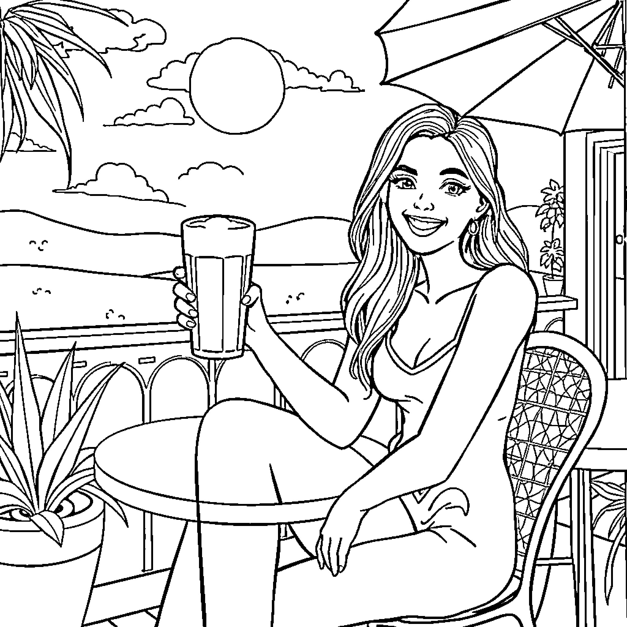 Girl Enjoying a Refreshing Drink at the Beach Coloring Page (free black-and-white line drawing printable PDF for all, from beginners to advanced learners, including children, teens, adults, and seniors)