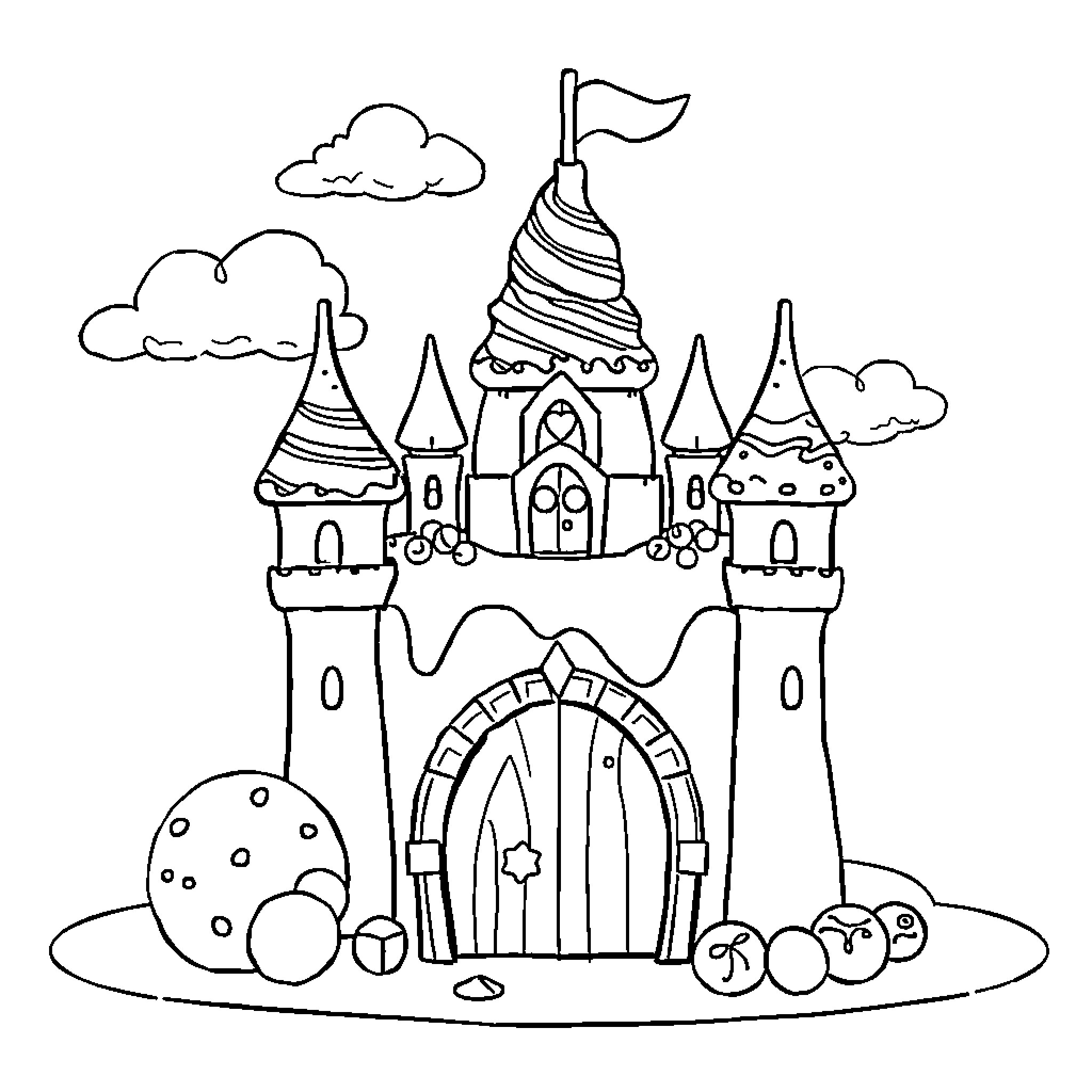 Chocolate Castle with Whimsical Towers and Decorations Coloring Page (free black-and-white line drawing printable PDF for all, from beginners to advanced learners, including children, teens, adults, and seniors)