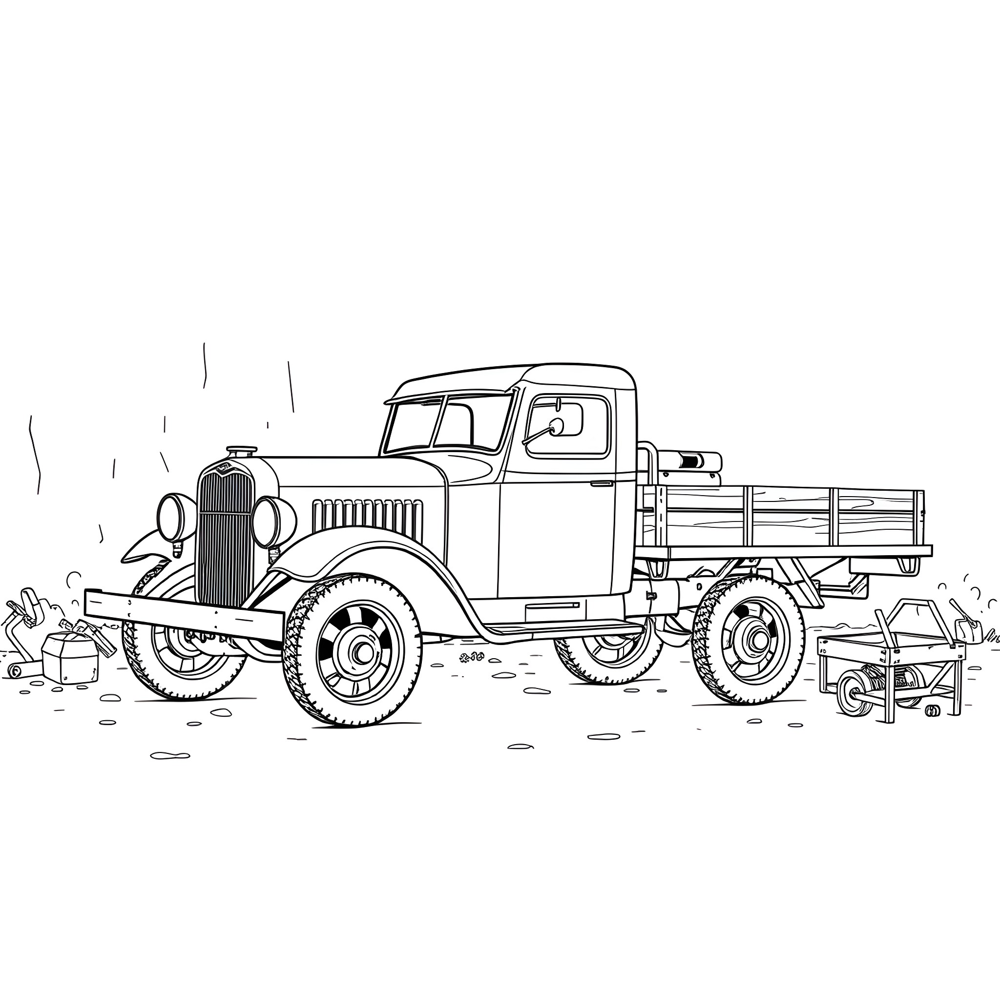 Flatbed truck with vintage design on a farm Coloring Page (free black-and-white line drawing printable PDF for all, from beginners to advanced learners, including children, teens, adults, and seniors)