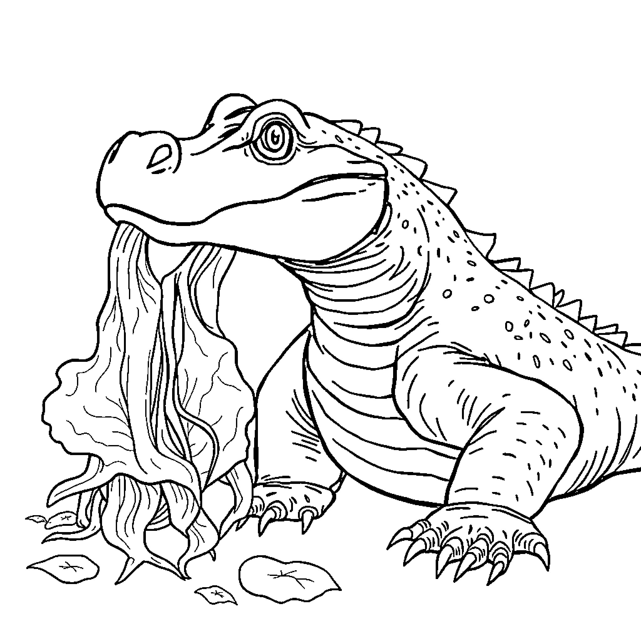 Dragon reptile crawling on rocks Coloring Page (free black-and-white line drawing printable PDF for all, from beginners to advanced learners, including children, teens, adults, and seniors)