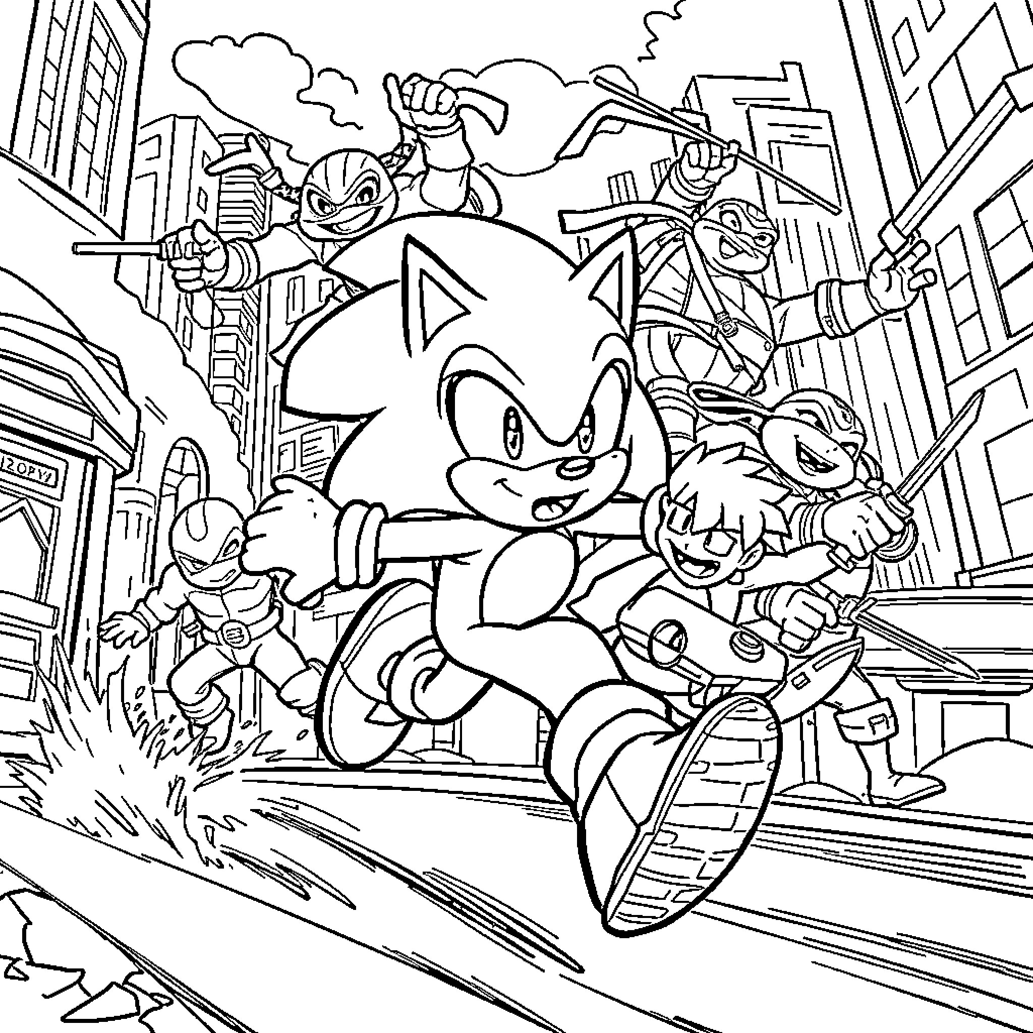Sonic's Heroic City Adventure Coloring Page (free black-and-white line drawing printable PDF for all, from beginners to advanced learners, including children, teens, adults, and seniors)