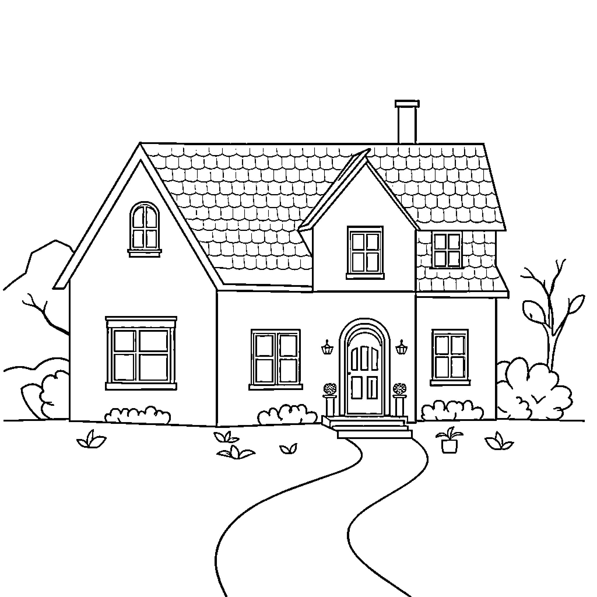 House with a cozy garden path Coloring Page (free black-and-white line drawing printable PDF for all, from beginners to advanced learners, including children, teens, adults, and seniors)